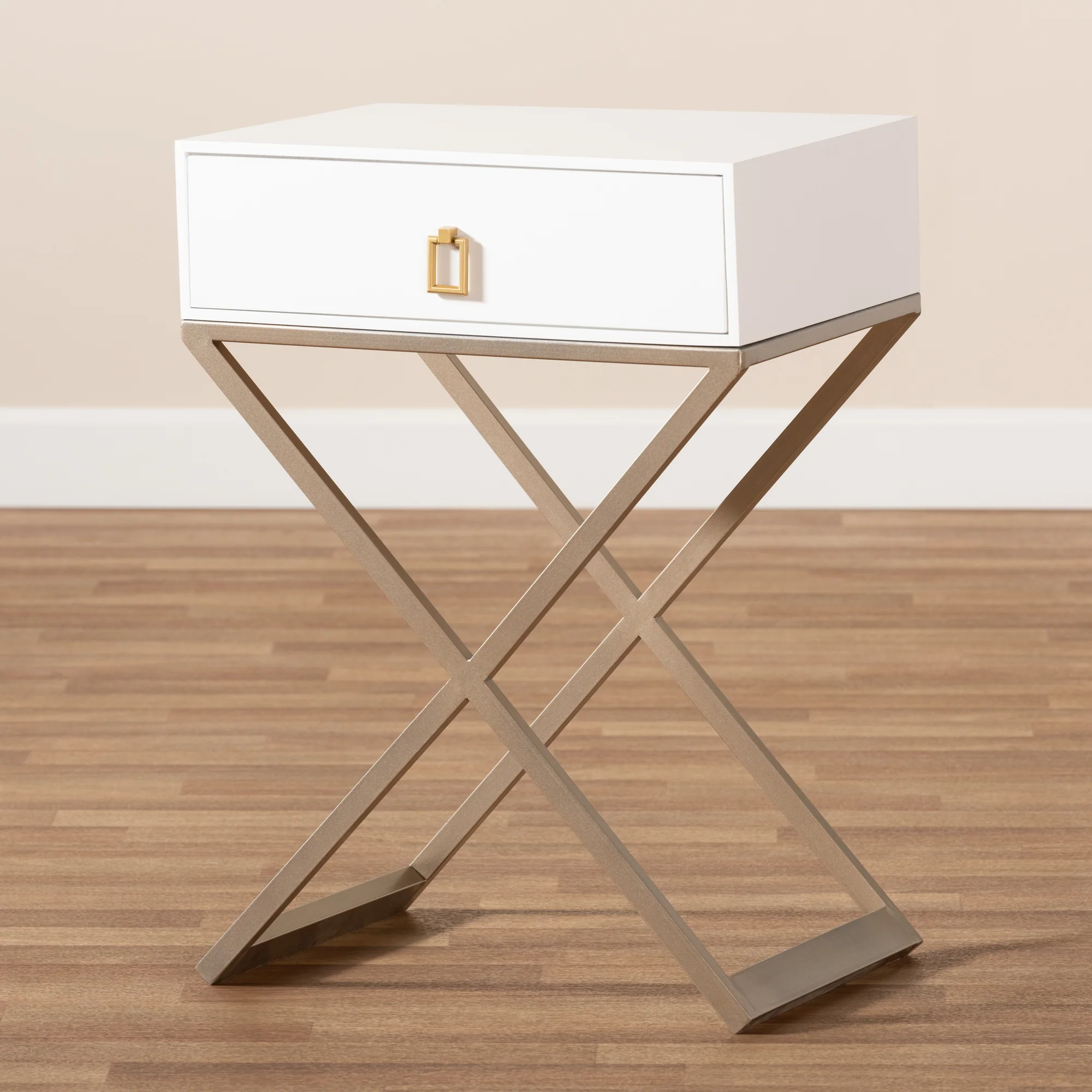 Baxton Studio Patricia Modern and Contemporary White Finished Wood and Powder Coated Brass Effect Metal 1-Drawer End Table - Image 2