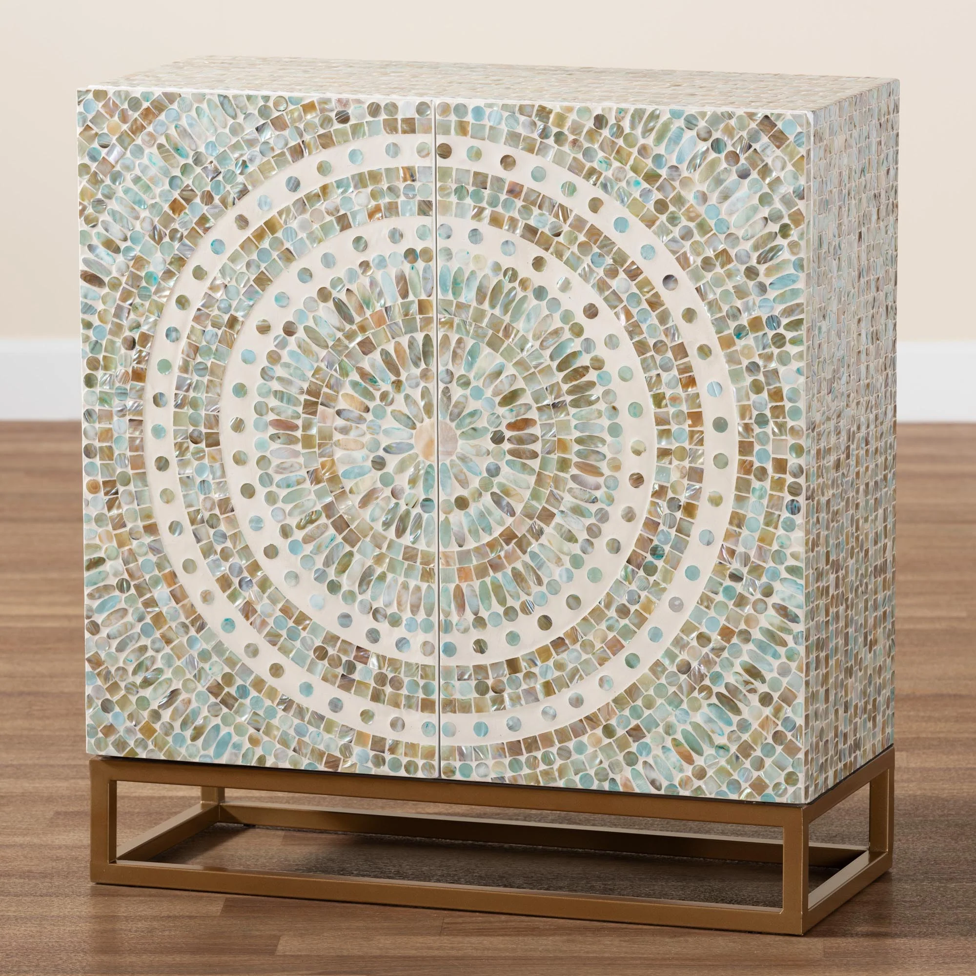 Baxton Studio Quintus Modern Bohemian Multicolor Mother of Pearl and Gold Metal Storage Cabinet - Image 9