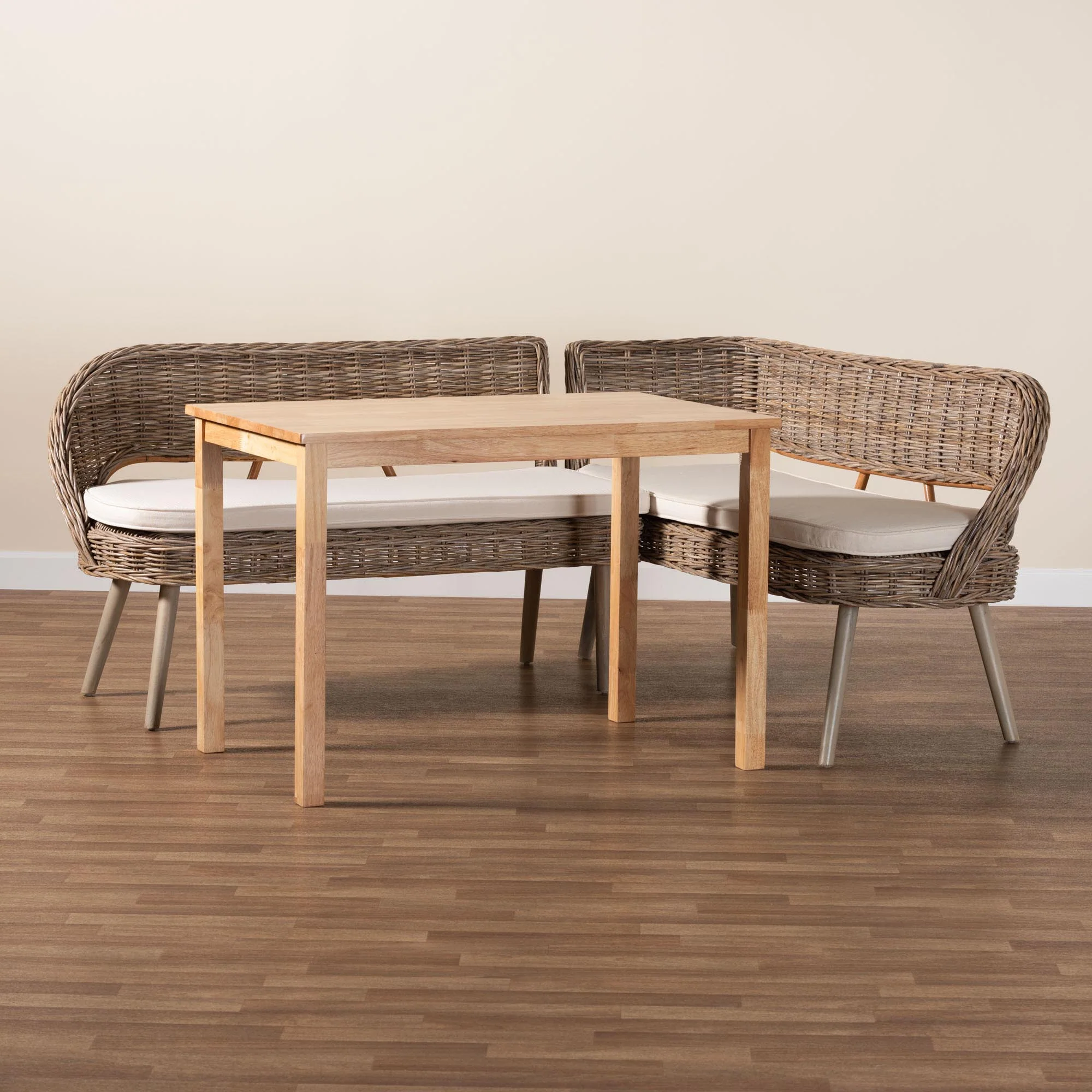 Baxton Studio Raisa Modern Bohemian Natural Kubu Rattan Bench and Wood Table 3-Piece Dining Nook Set - Image 3