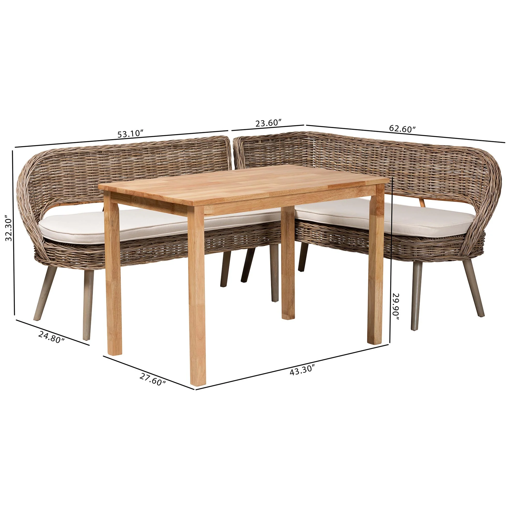 Baxton Studio Raisa Modern Bohemian Natural Kubu Rattan Bench and Wood Table 3-Piece Dining Nook Set - Image 4