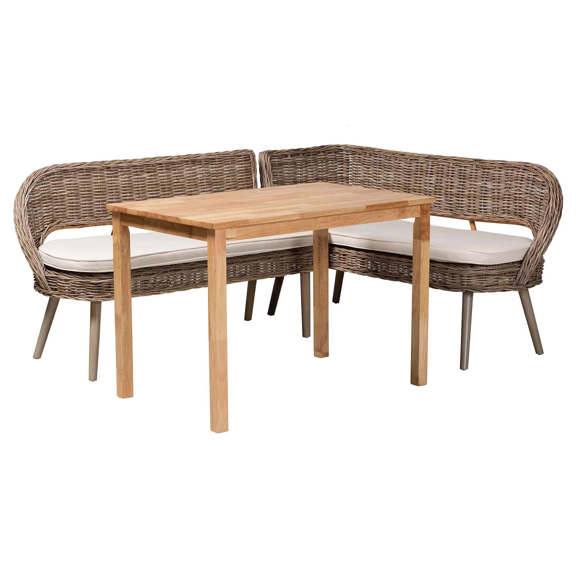 Baxton Studio Raisa Modern Bohemian Natural Kubu Rattan Bench and Wood Table 3-Piece Dining Nook Set - Image 5
