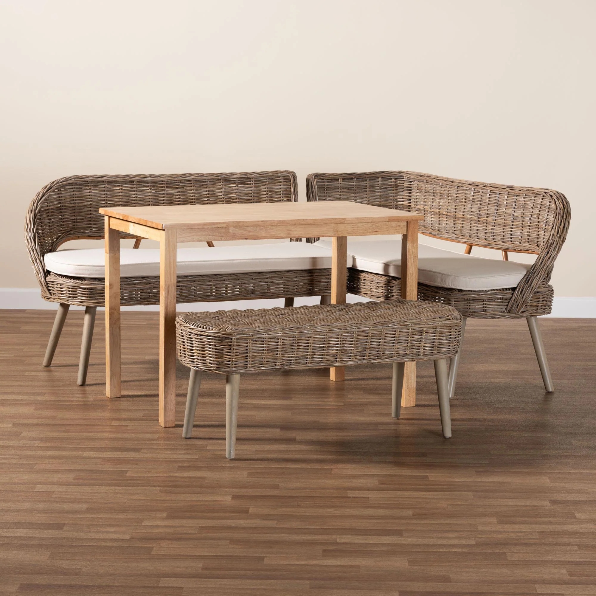 Baxton Studio Raisa Modern Bohemian Natural Kubu Rattan Bench and Wood Table 4-Piece Dining Nook Set - Image 4