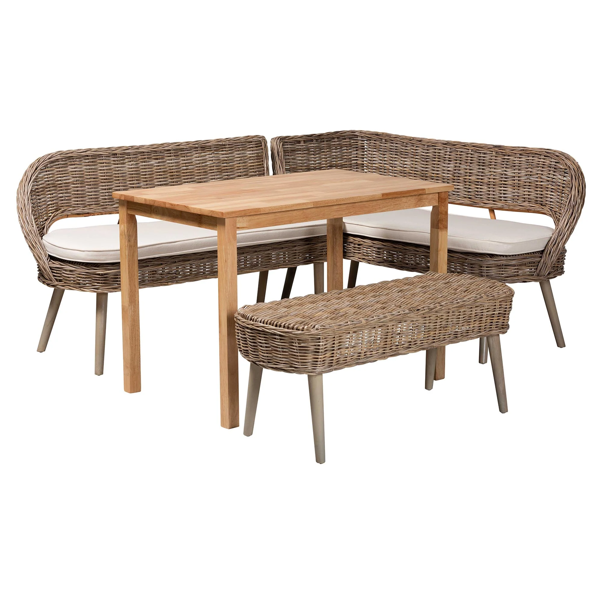 Baxton Studio Raisa Modern Bohemian Natural Kubu Rattan Bench and Wood Table 4-Piece Dining Nook Set - Image 5