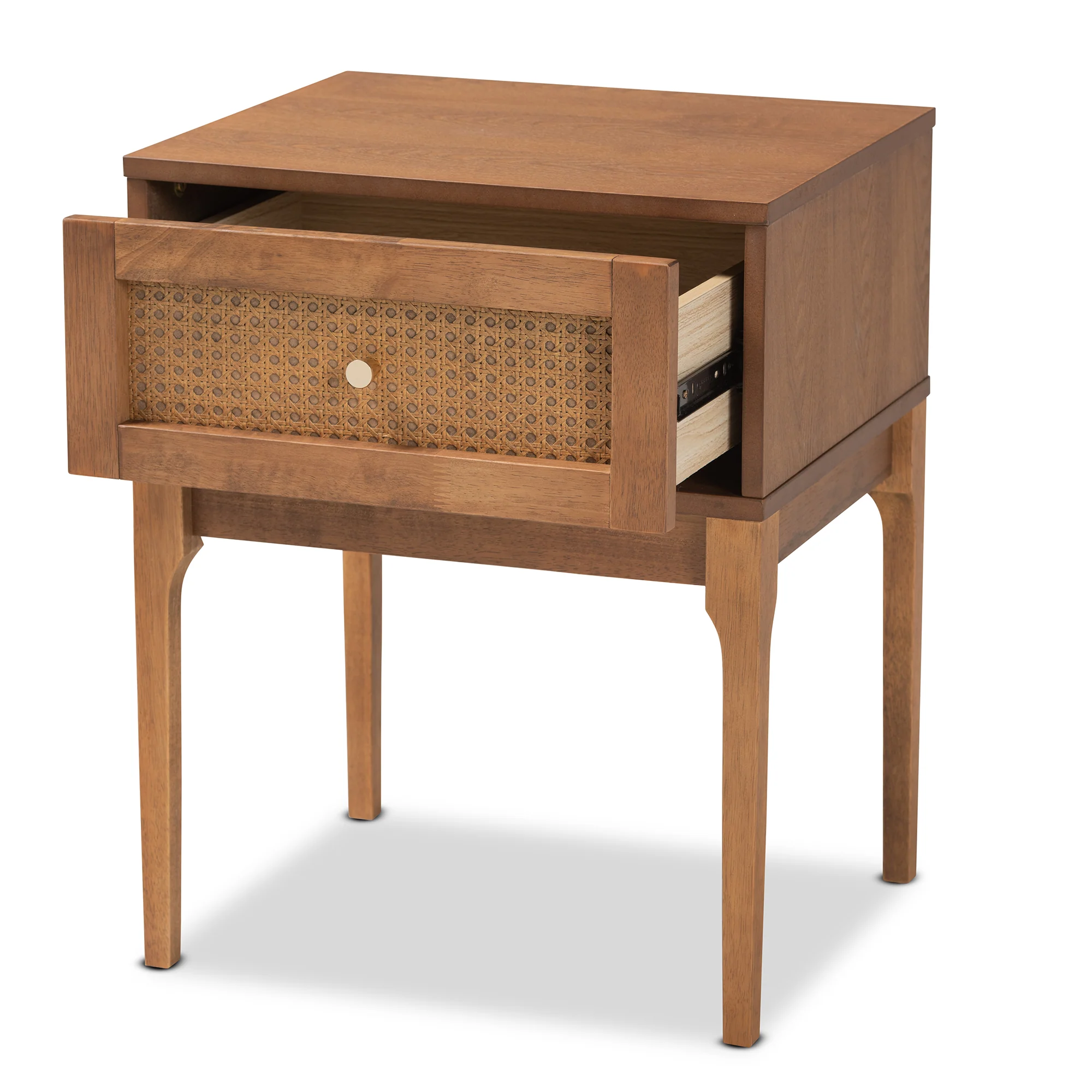 Baxton Studio Ramiel Mid-Century Modern Ash Walnut Finished Wood and Rattan 1-Drawer Nightstand - Image 3
