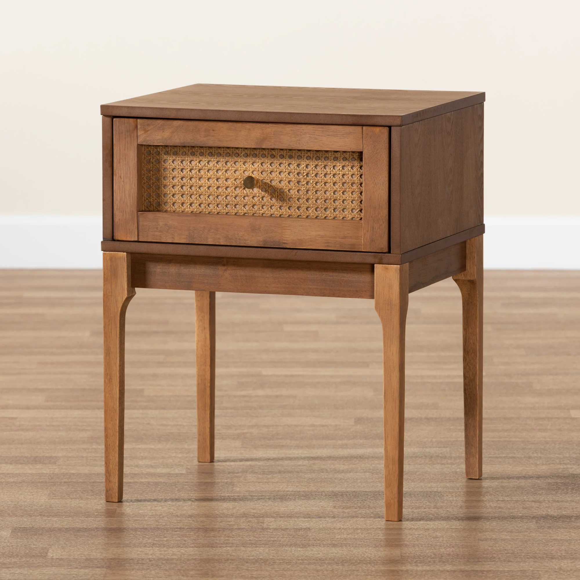 Baxton Studio Ramiel Mid-Century Modern Ash Walnut Finished Wood and Rattan 1-Drawer Nightstand - Image 9
