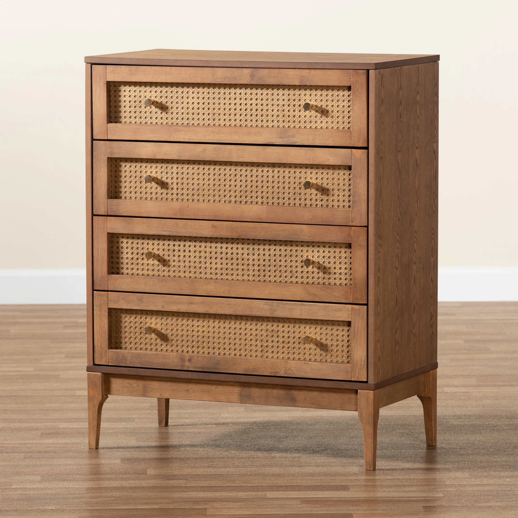 Baxton Studio Ramiel Mid-Century Modern Ash Walnut Finished Wood and Rattan 4-Drawer Chest - Image 2