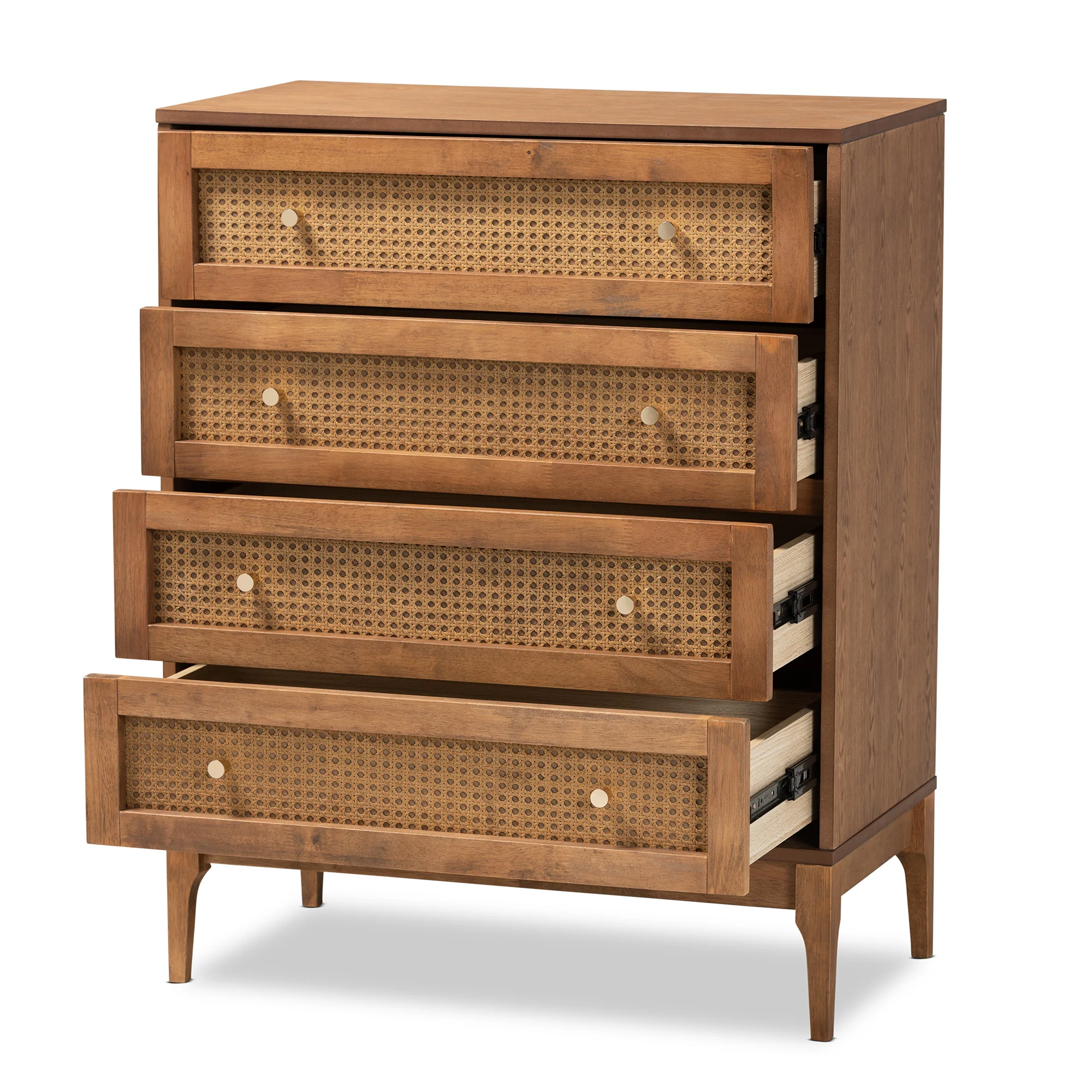 Baxton Studio Ramiel Mid-Century Modern Ash Walnut Finished Wood and Rattan 4-Drawer Chest - Image 5