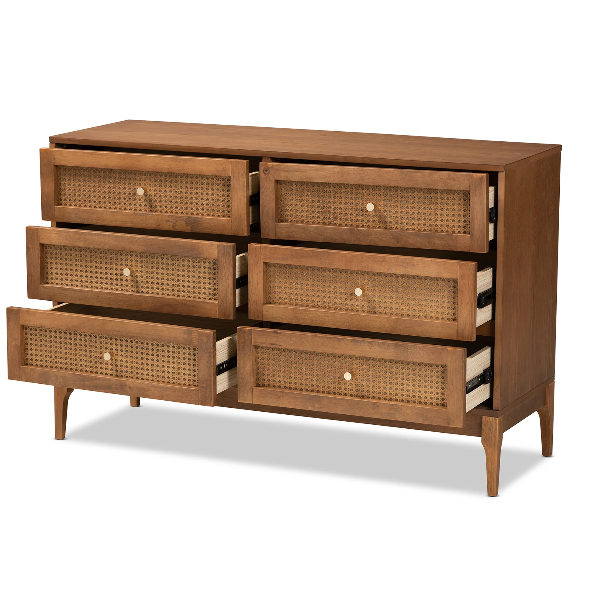 Baxton Studio Ramiel Mid-Century Modern Ash Walnut Finished Wood and Rattan 6-Drawer Dresser - Image 3