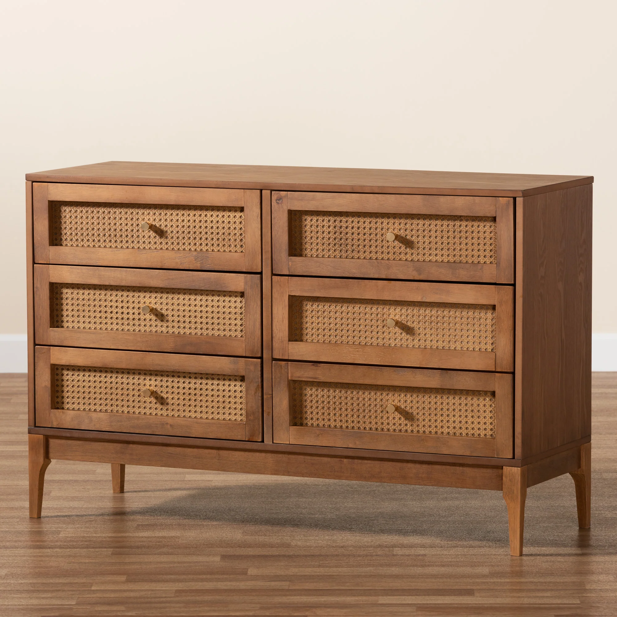 Baxton Studio Ramiel Mid-Century Modern Ash Walnut Finished Wood and Rattan 6-Drawer Dresser - Image 9