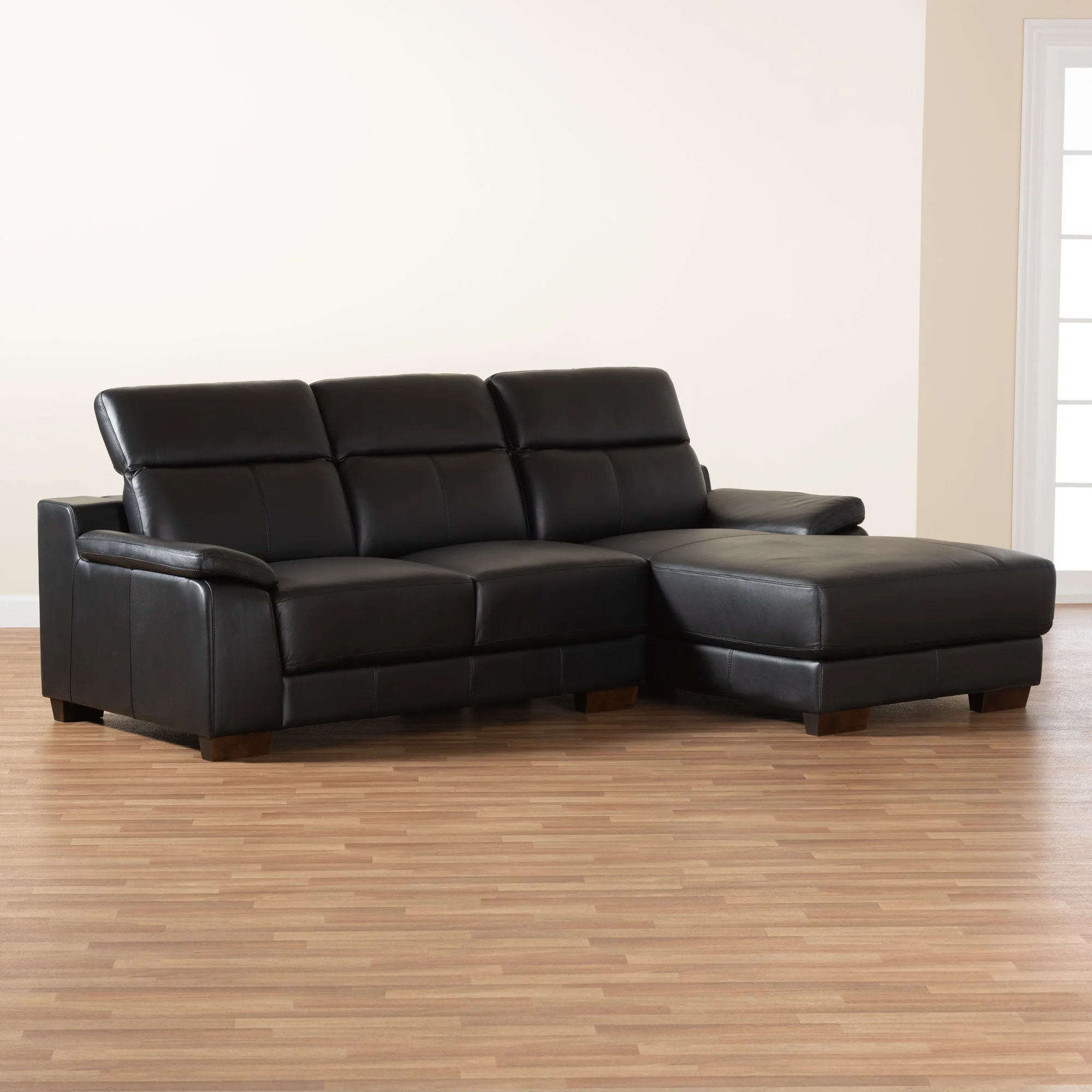 Baxton Studio Reverie Modern Black Full  Leather Sectional Sofa with Right Facing Chaise - Image 8