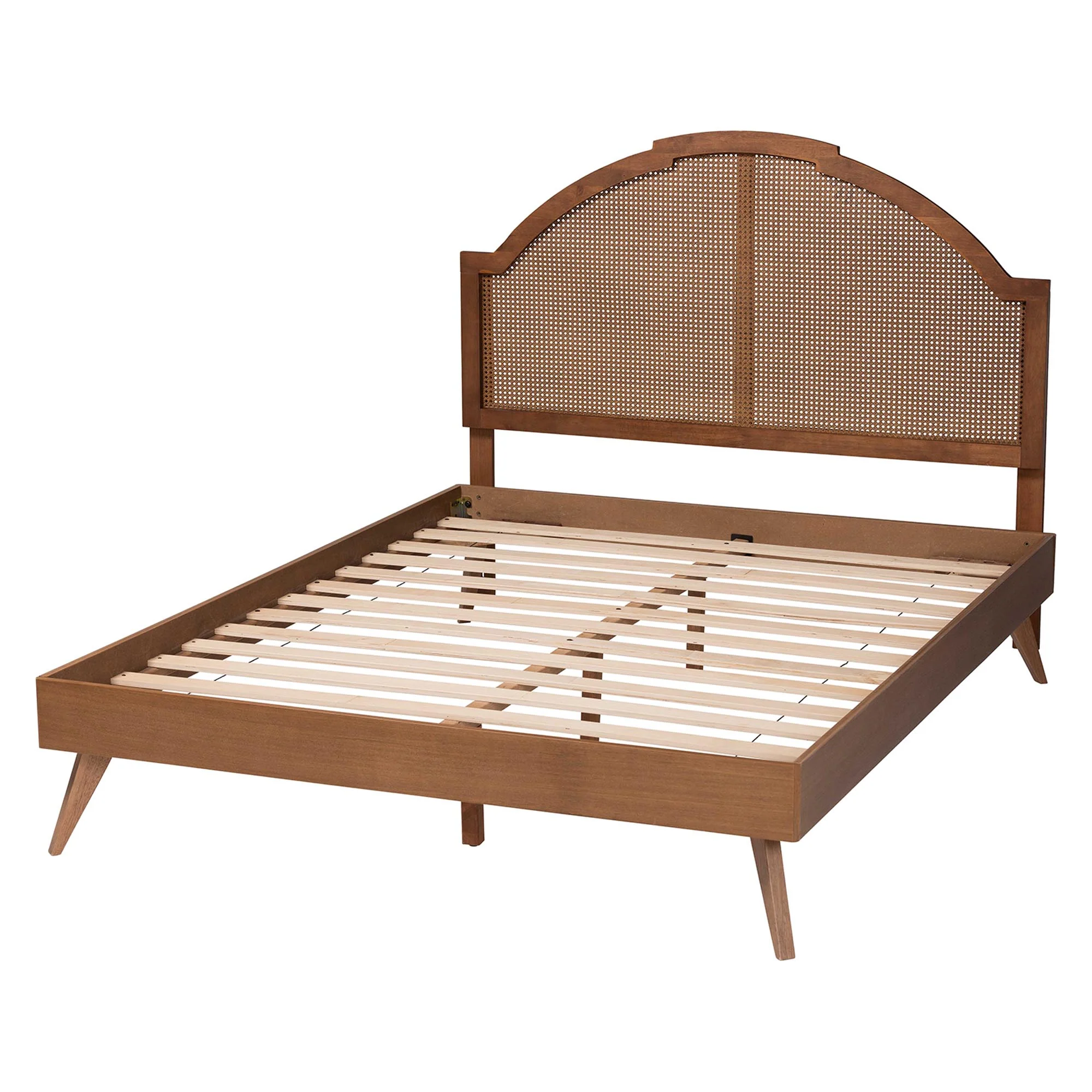 Baxton Studio Ridgely Mid-Century Walnut Brown Wood and Rattan Queen Size Platform Bed - Image 8