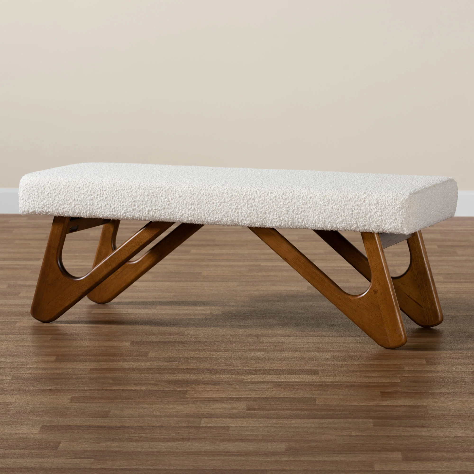 Baxton Studio Rika Japandi Cream Boucle Fabric and Walnut Brown Finished Wood Bench - Image 7
