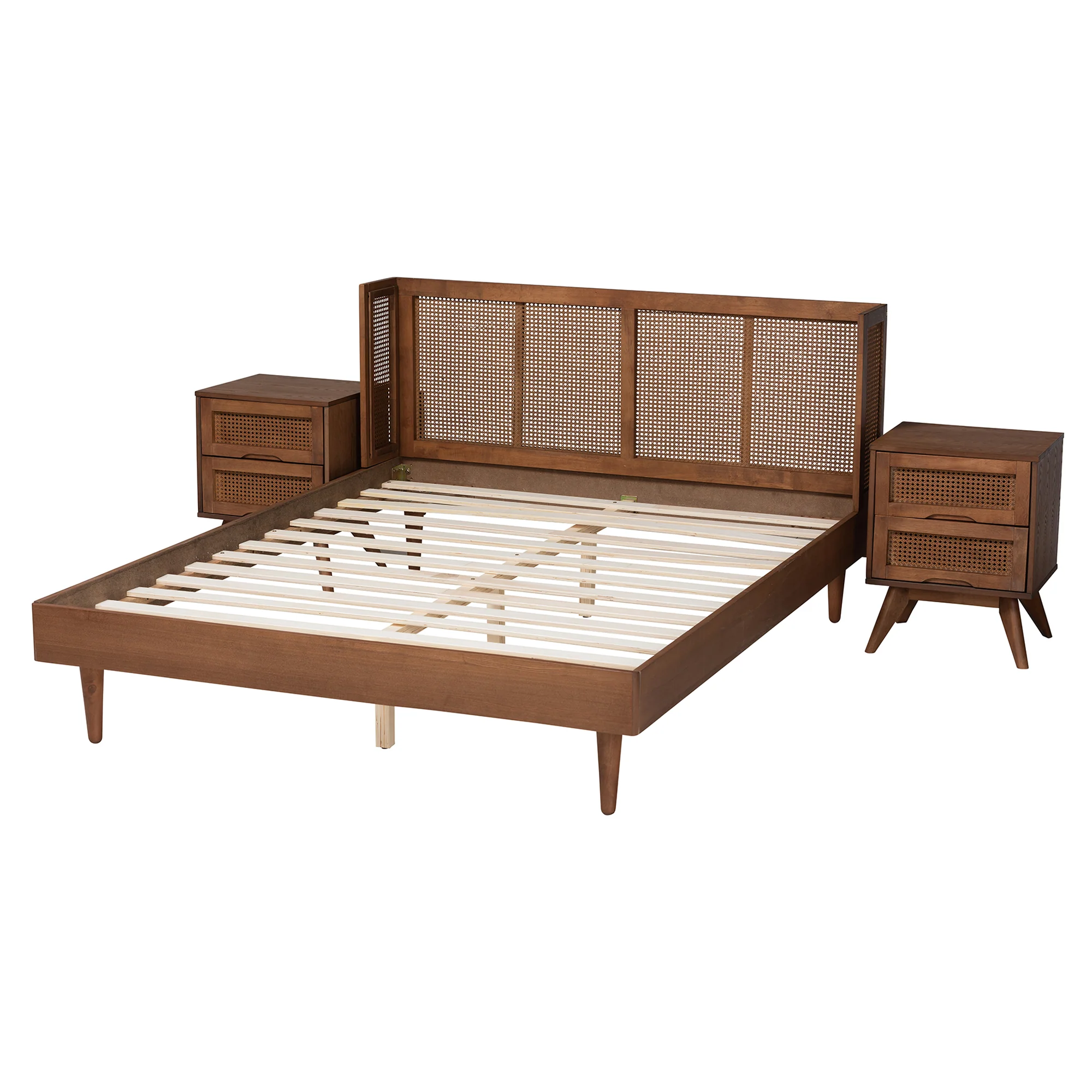Baxton Studio Rina Mid-Century Modern Ash Walnut Finished Wood 3-Piece Full Size Bedroom Set with Synthetic Rattan - Image 3