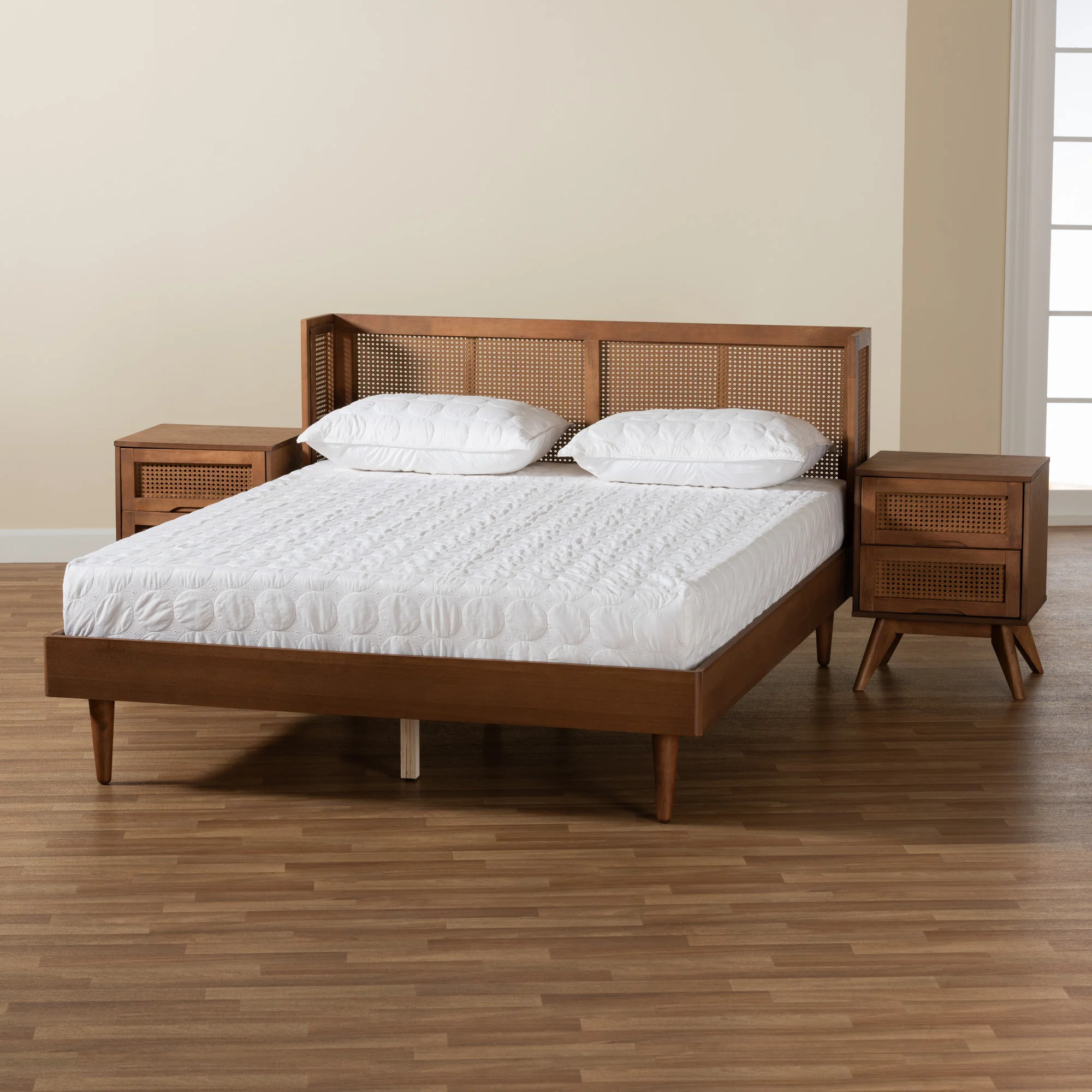 Baxton Studio Rina Mid-Century Modern Ash Walnut Finished Wood 3-Piece Queen Size Bedroom Set with Synthetic Rattan - Image 4
