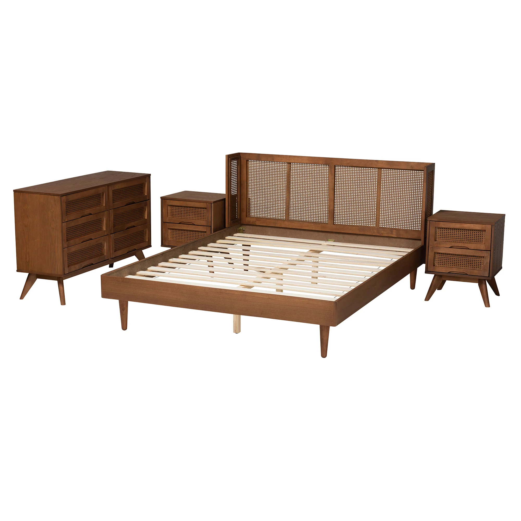 Baxton Studio Rina Mid-Century Modern Ash Walnut Finished Wood 4-Piece Full Size Bedroom Set with Synthetic Rattan - Image 3