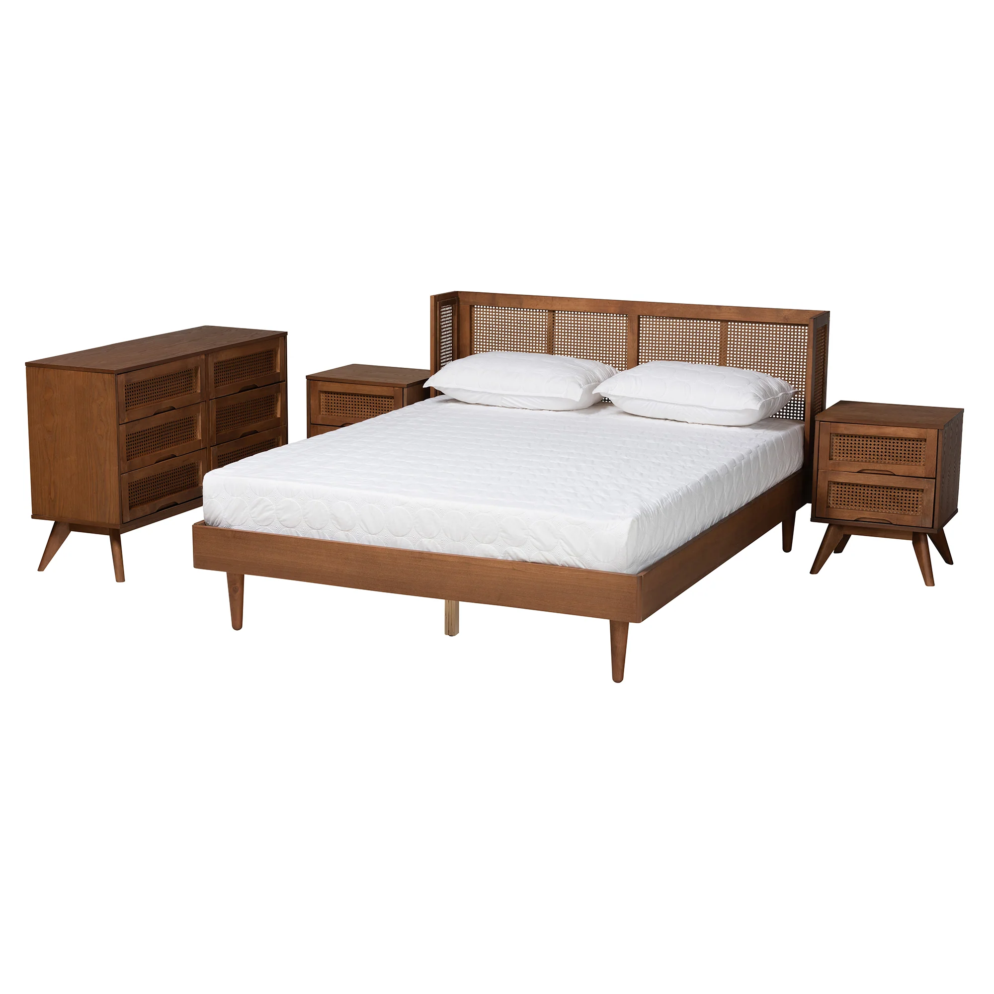 Baxton Studio Rina Mid-Century Modern Ash Walnut Finished Wood 4-Piece King Size Bedroom Set with Synthetic Rattan - Image 2