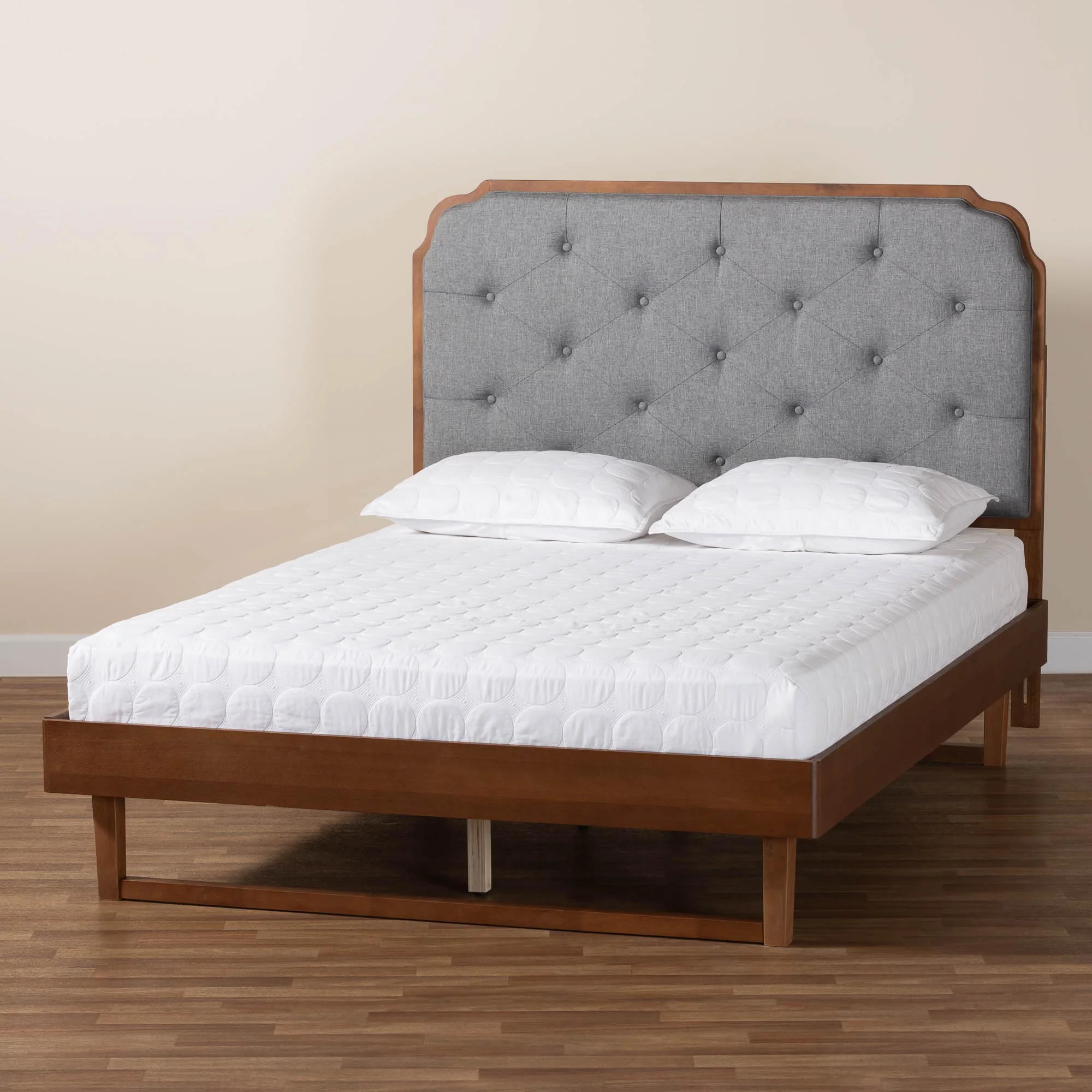 Baxton Studio Roald Mid-Century Modern Grey Fabric and Walnut Brown Wood Queen Size Platform Bed - Image 2
