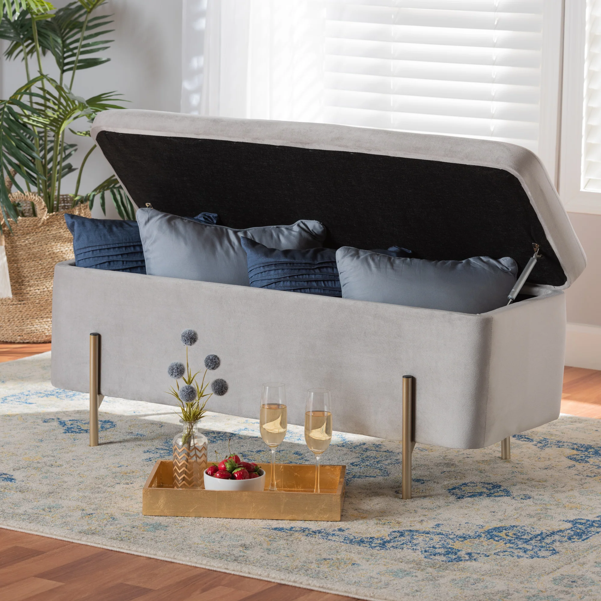 Baxton Studio Rockwell Contemporary Glam and Luxe Grey Velvet Fabric Upholstered and Gold Finished Metal Storage Bench - Image 9