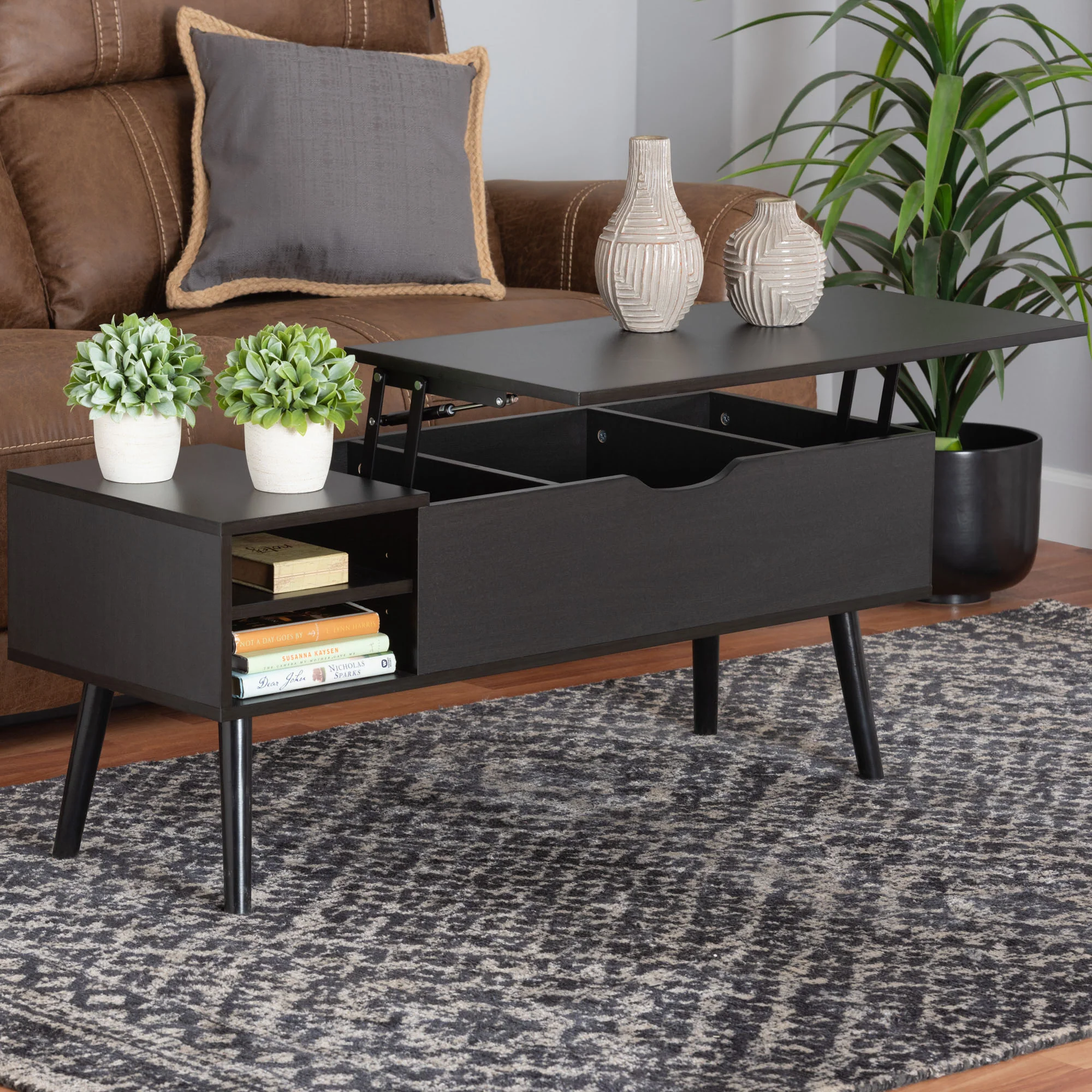 Baxton Studio Roden Modern Two-Tone Black and Espresso Brown Finished Wood Coffee Table with Lift-Top Storage Compartment - Image 9