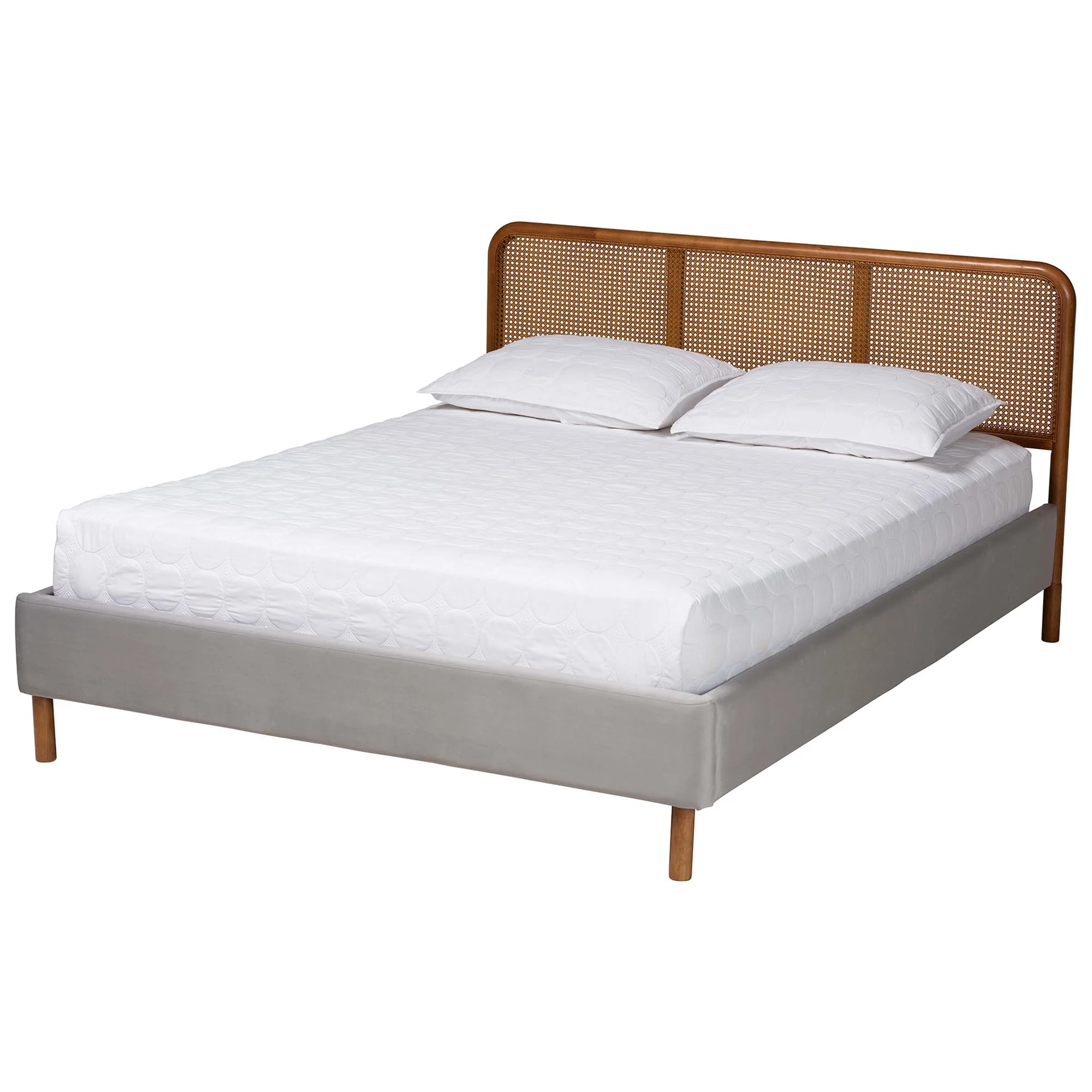 Baxton Studio Rosita Mid-Century Modern Transitional Light Grey Velvet Fabric and Walnut Brown Finished Wood Queen Size Platform Bed - Image 2