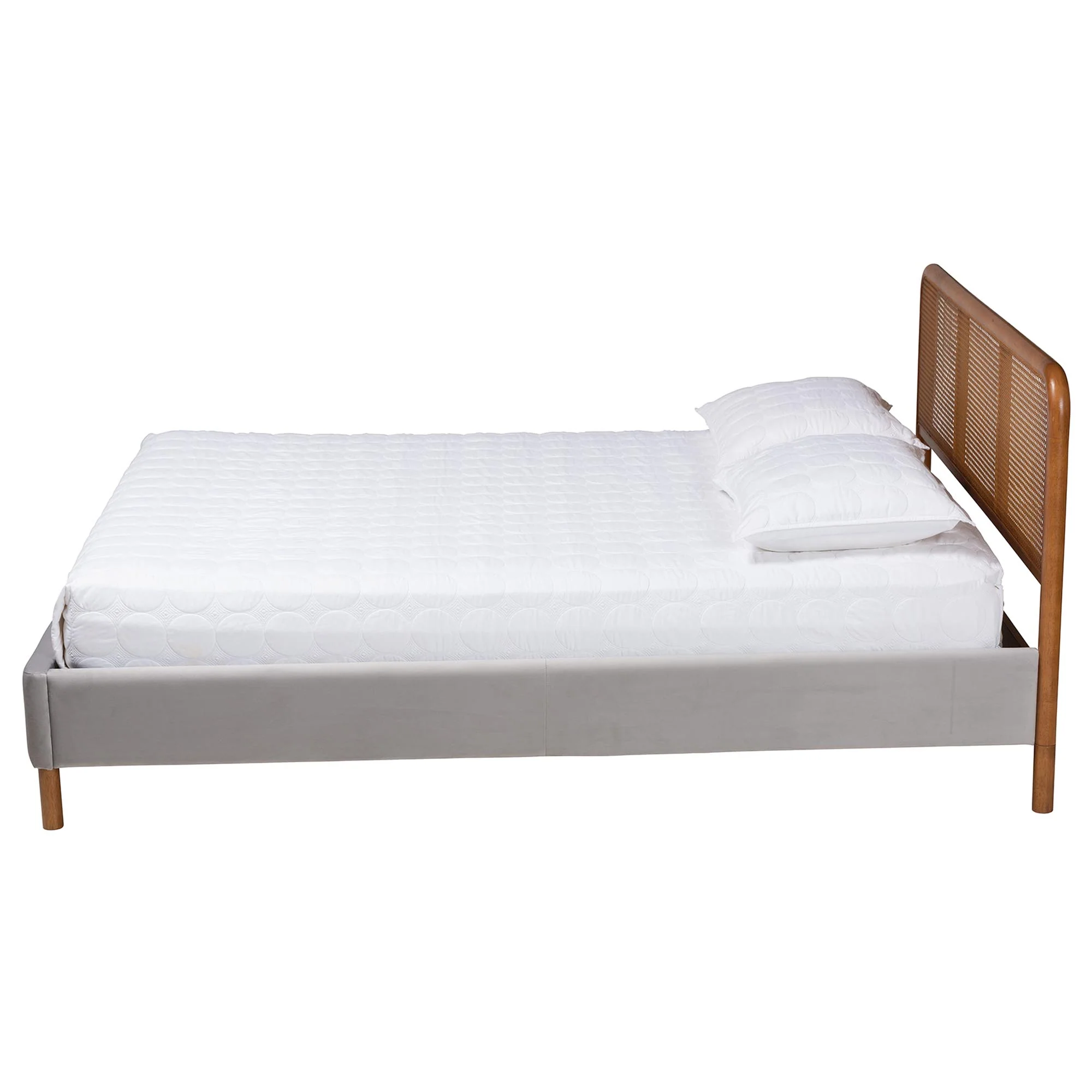 Baxton Studio Rosita Mid-Century Modern Transitional Light Grey Velvet Fabric and Walnut Brown Finished Wood Queen Size Platform Bed - Image 3