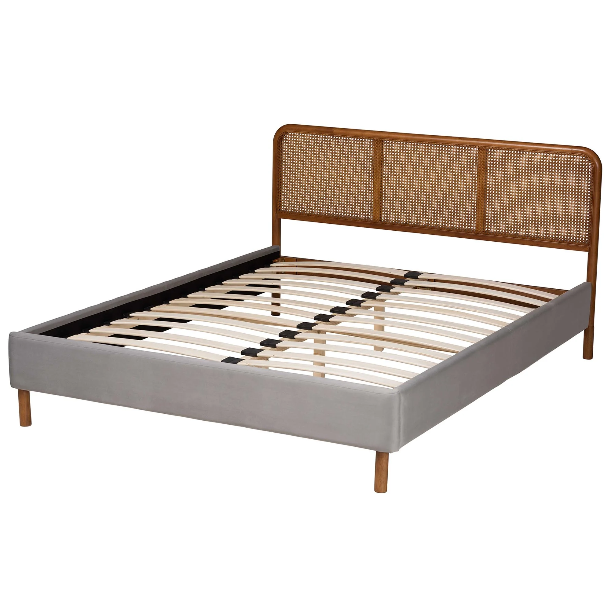 Baxton Studio Rosita Mid-Century Modern Transitional Light Grey Velvet Fabric and Walnut Brown Finished Wood Queen Size Platform Bed - Image 4