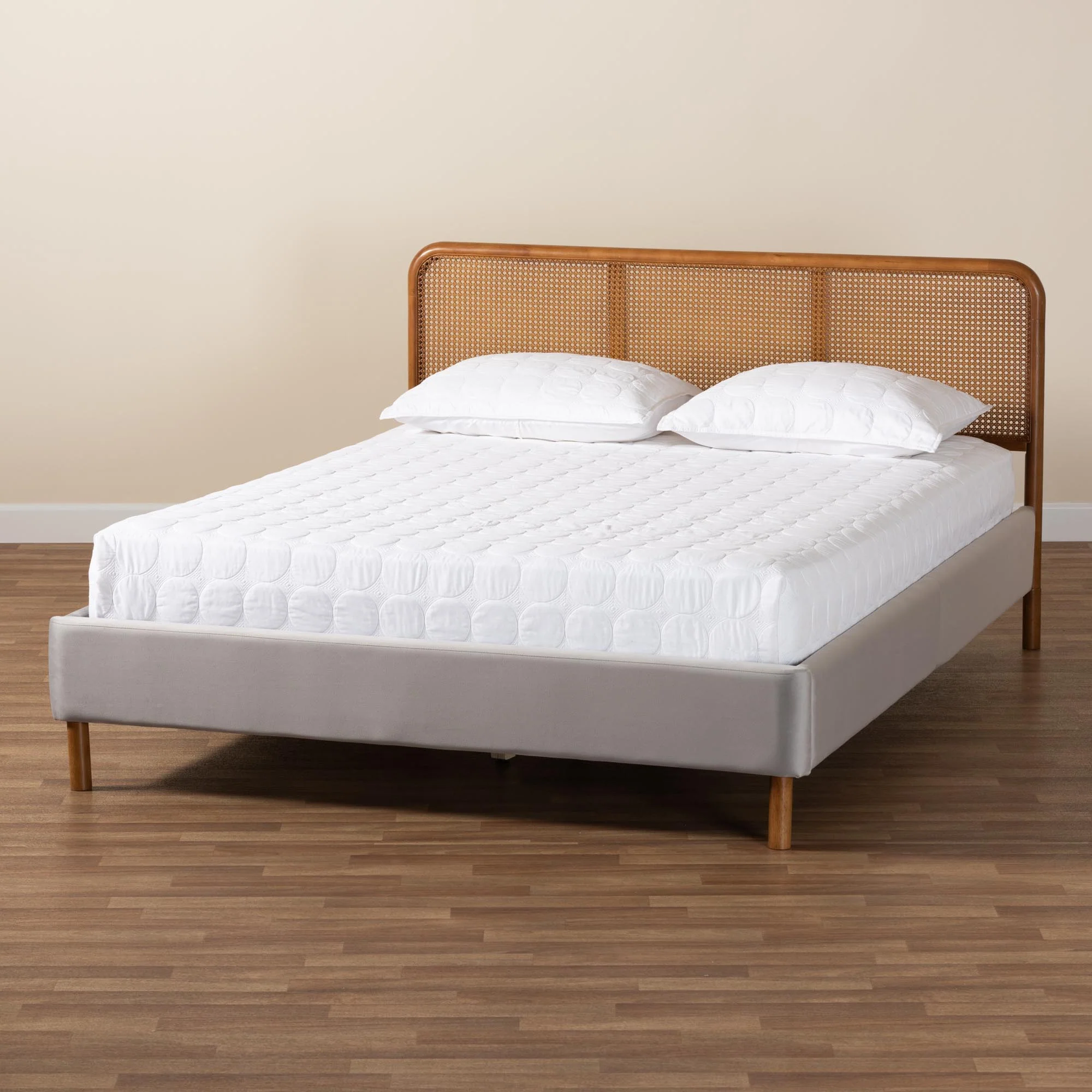 Baxton Studio Rosita Mid-Century Modern Transitional Light Grey Velvet Fabric and Walnut Brown Finished Wood Queen Size Platform Bed - Image 9