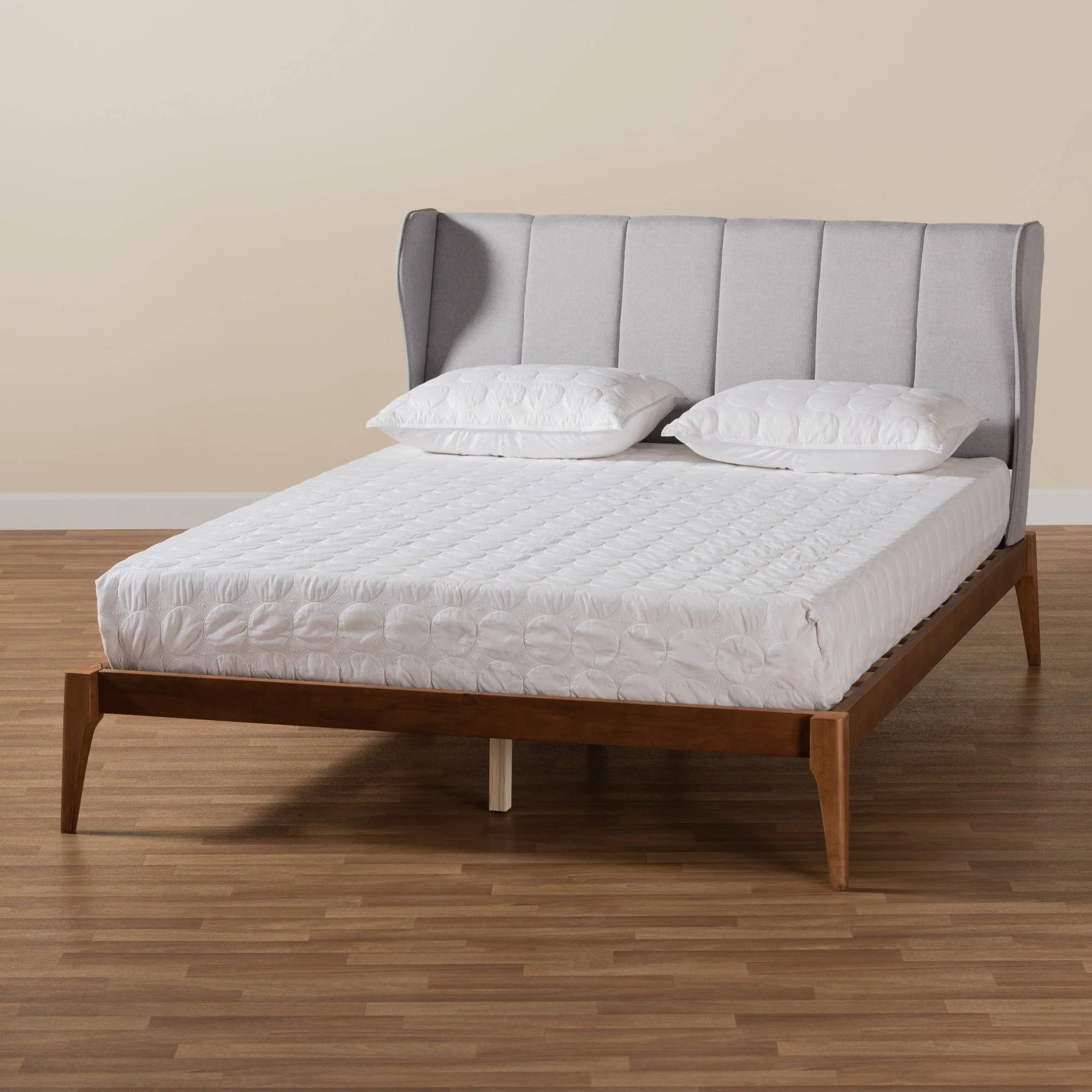 Baxton Studio Royce Mid-Century Modern Transitional Light Grey Fabric and Ash Walnut Finished Wood Queen Size Bed - Image 9