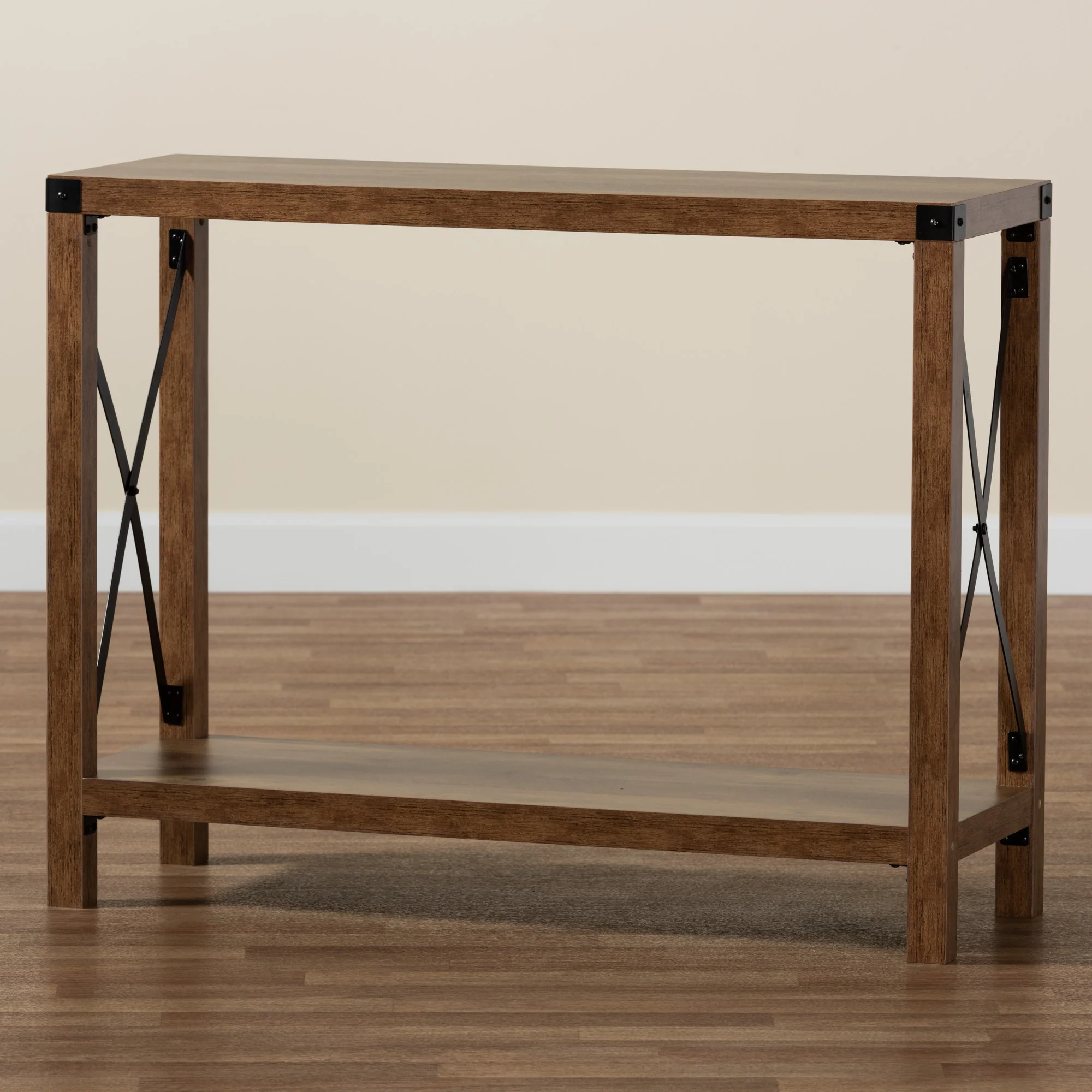 Baxton Studio Rumi Modern Farmhouse Natural Brown Finished Wood and Black Metal Console Table - Image 9