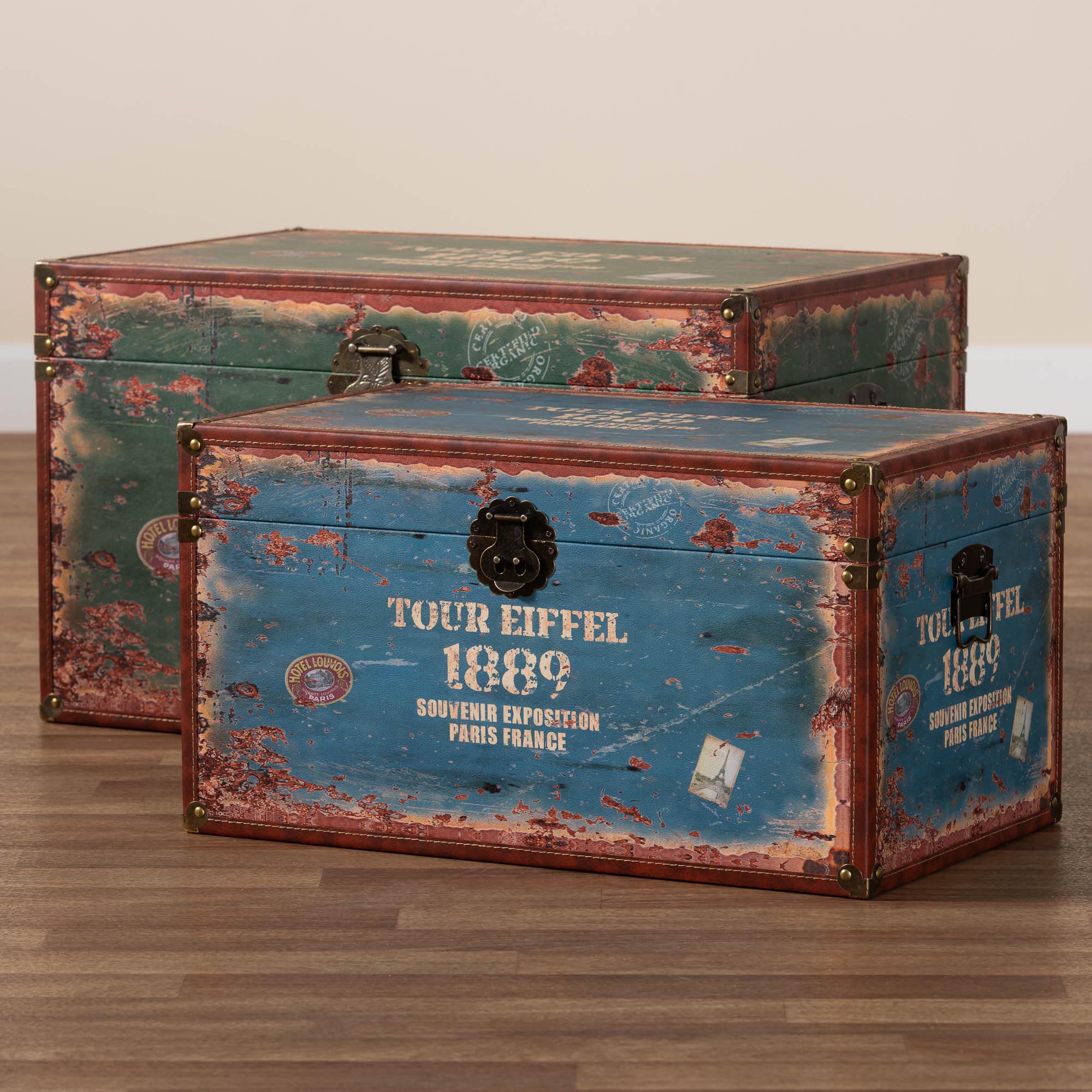 Baxton Studio Sabeen Vintage Parisian Faux Leather and Wood 2-Piece Storage Trunk Set - Image 3