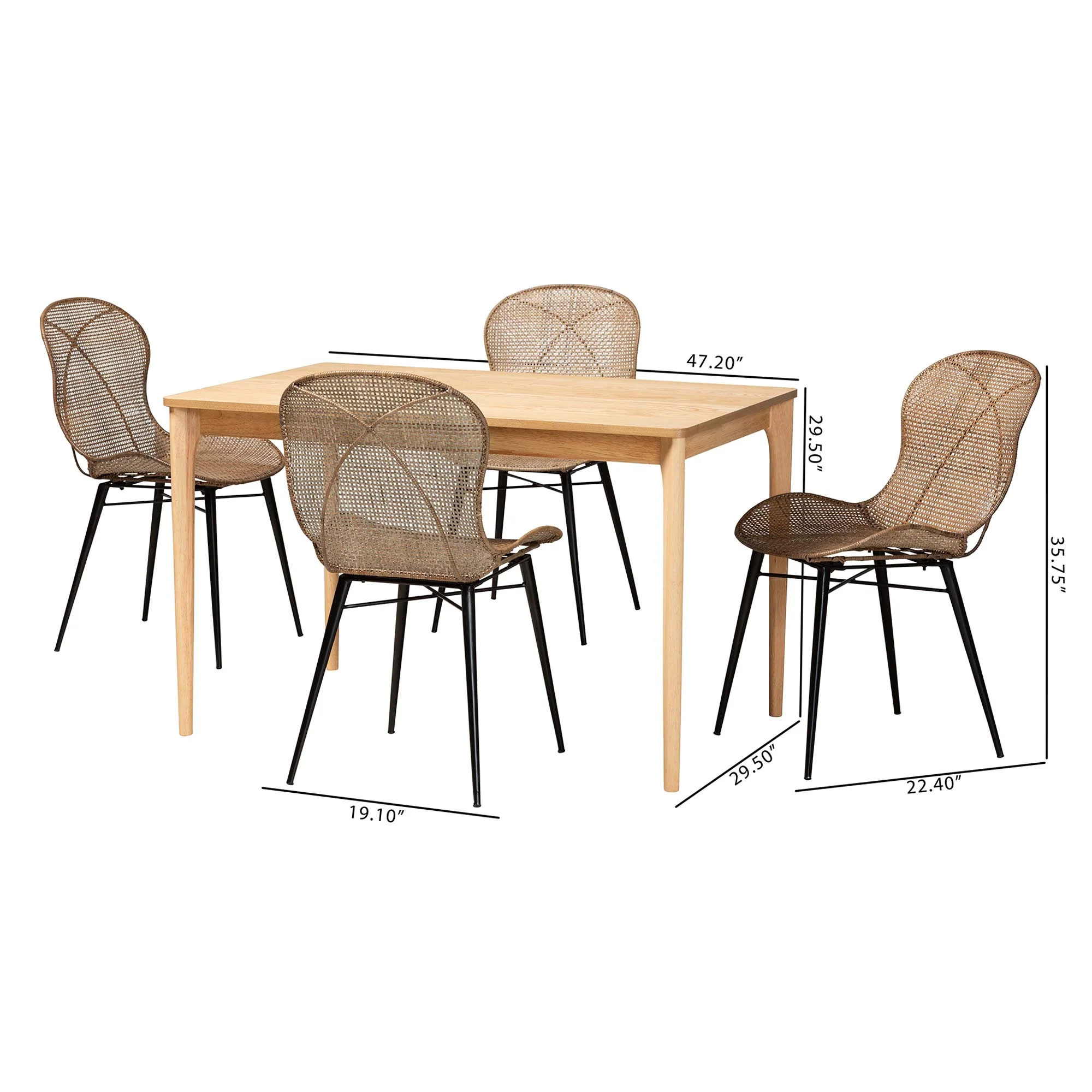 Baxton Studio Sabelle Japandi Natural Brown Finished Wood and Greywashed Rattan 5-Piece Dining Set - Image 10