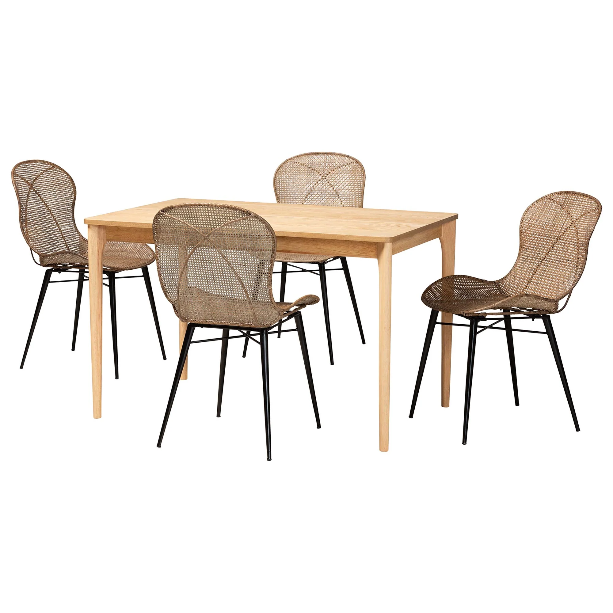 Baxton Studio Sabelle Japandi Natural Brown Finished Wood and Greywashed Rattan 5-Piece Dining Set - Image 2