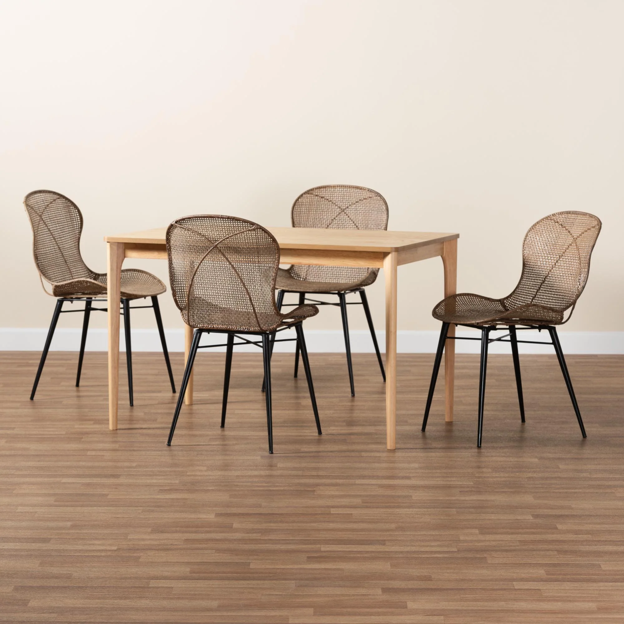 Baxton Studio Sabelle Japandi Natural Brown Finished Wood and Greywashed Rattan 5-Piece Dining Set - Image 9