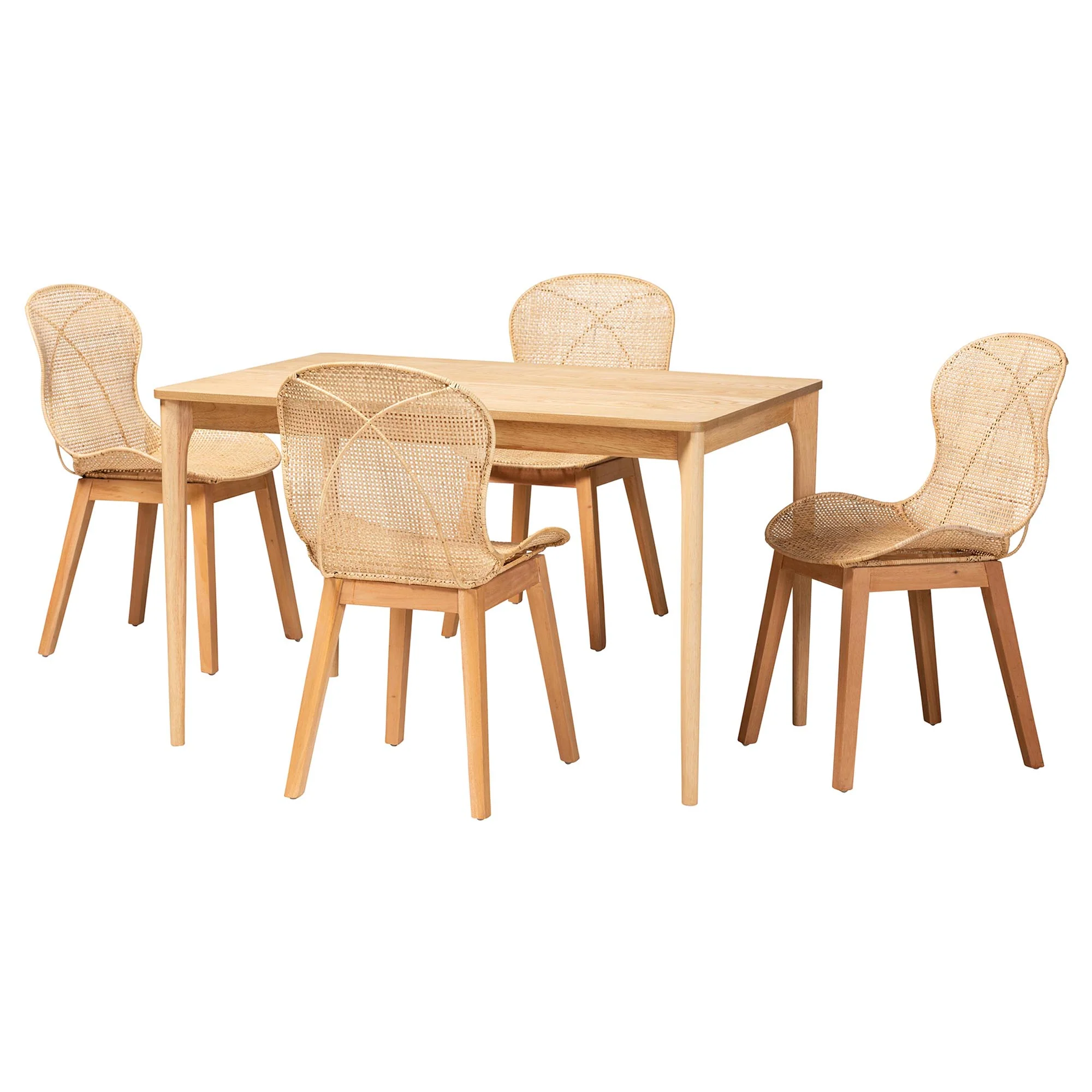 Baxton Studio Sabelle Japandi Natural Brown Mahogany Wood and Rattan 5-Piece Dining Set - Image 2