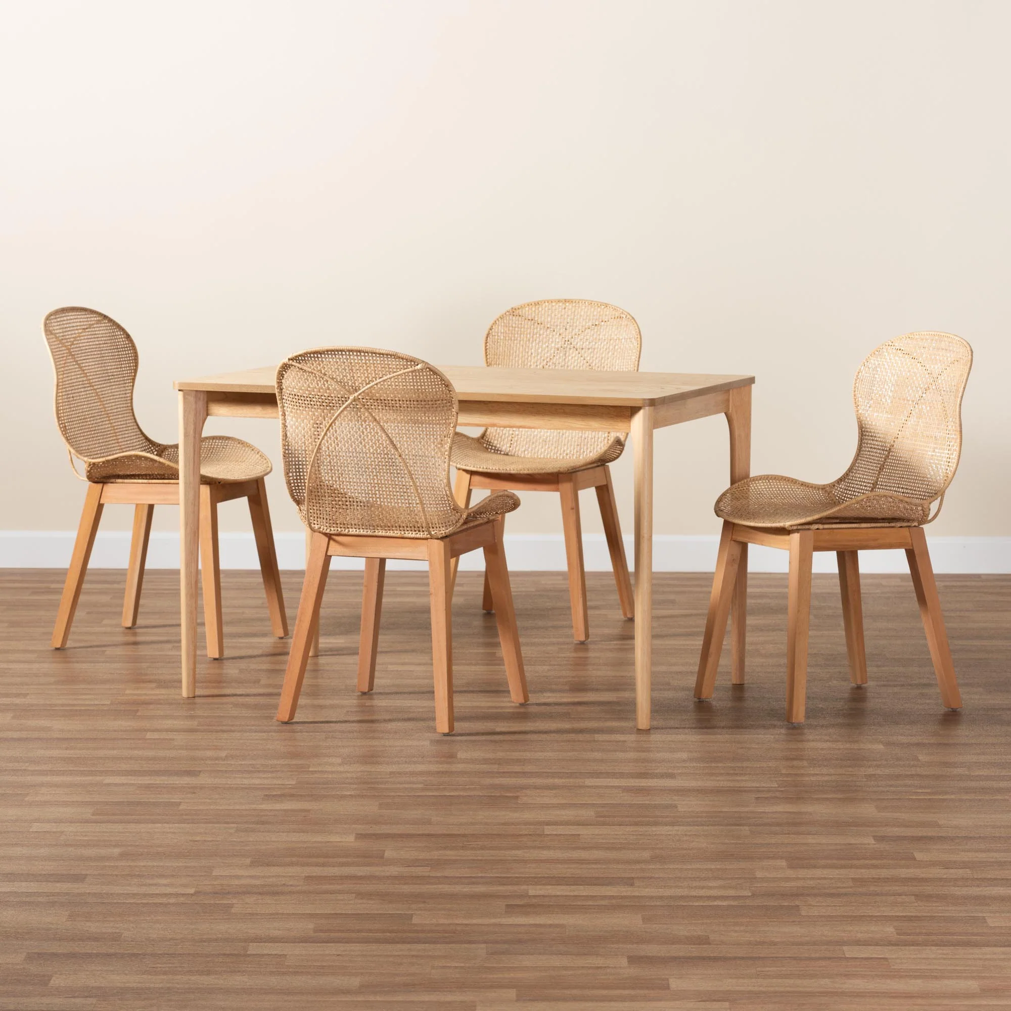 Baxton Studio Sabelle Japandi Natural Brown Mahogany Wood and Rattan 5-Piece Dining Set - Image 9