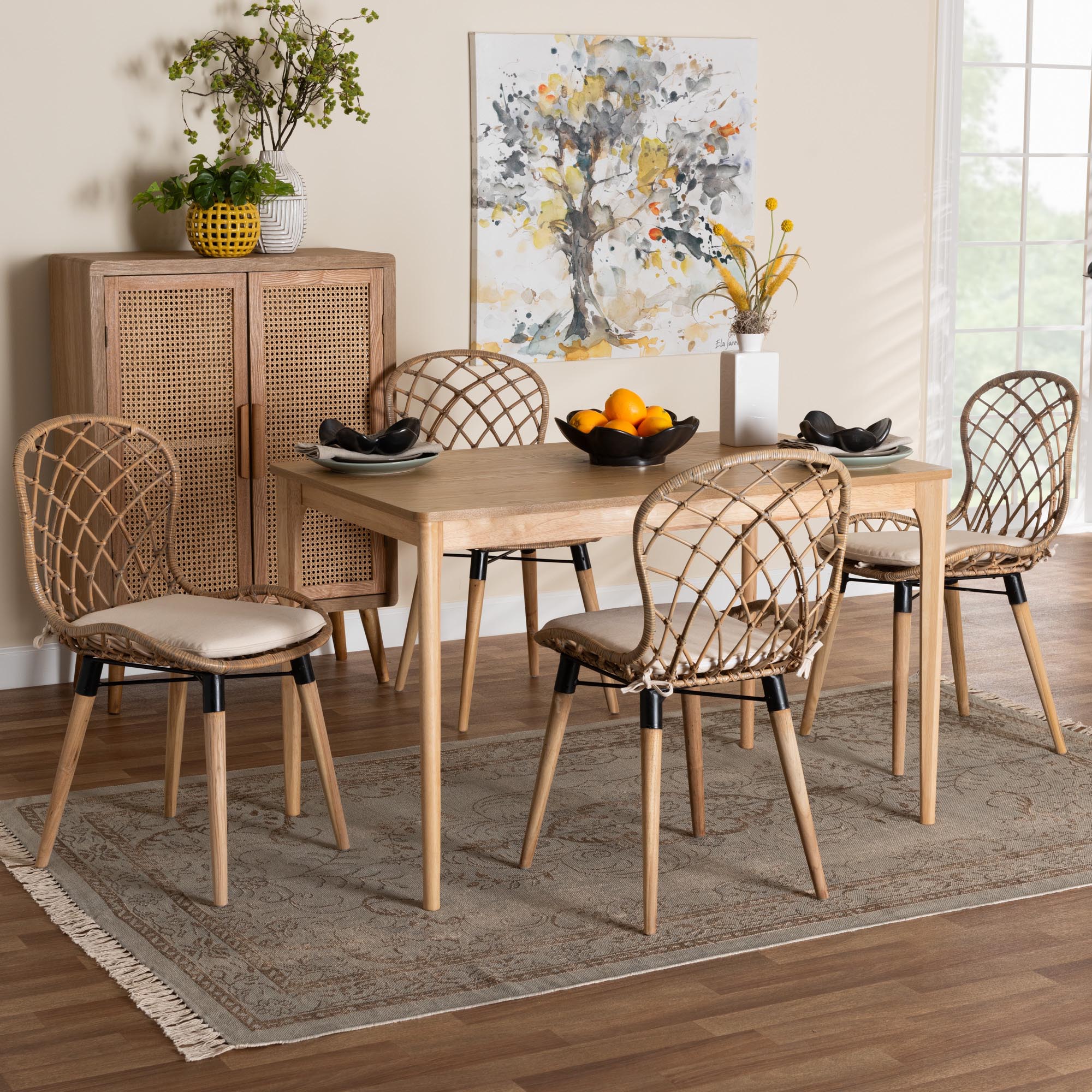 Baxton Studio Sabelle Modern Bohemian Light Blue Rattan and Natural Brown Finished Wood 5-Piece Dining Set - Image 11