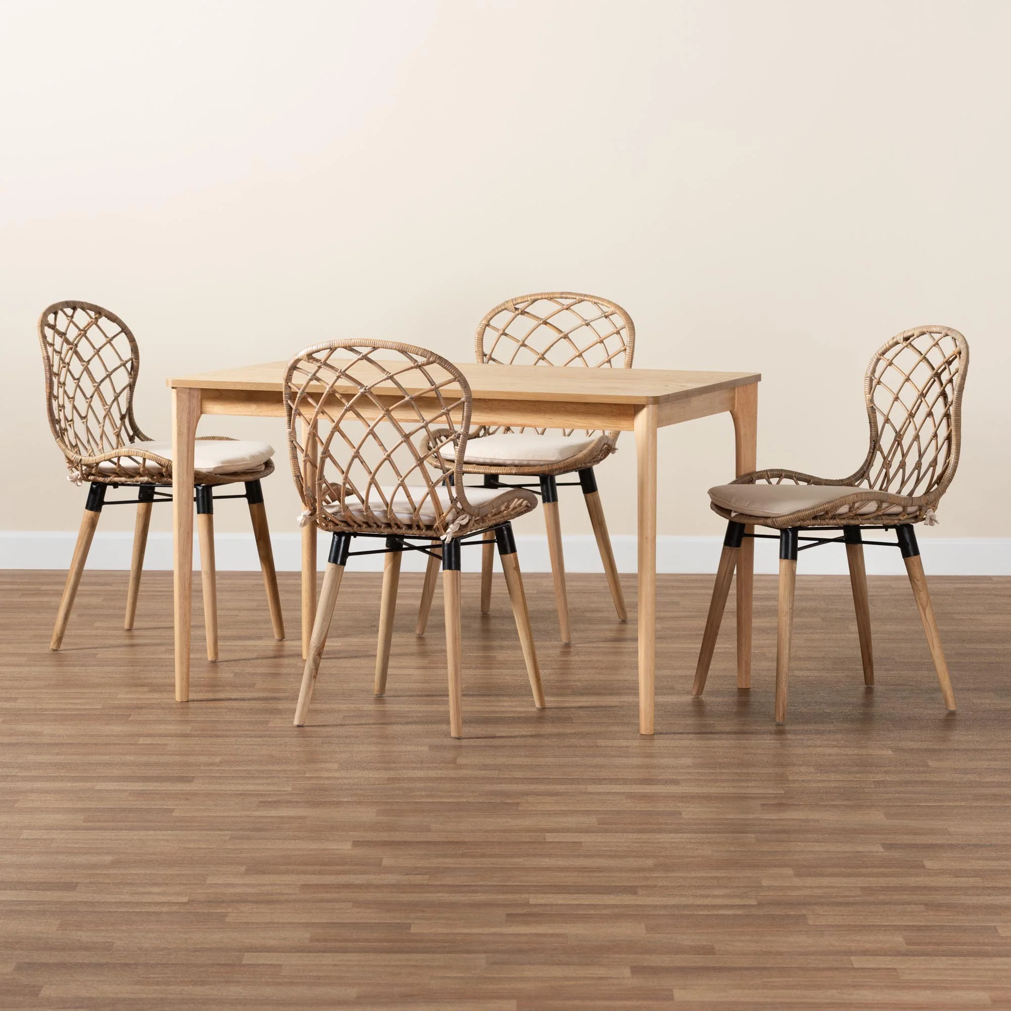 Baxton Studio Sabelle Modern Bohemian Light Blue Rattan and Natural Brown Finished Wood 5-Piece Dining Set - Image 12