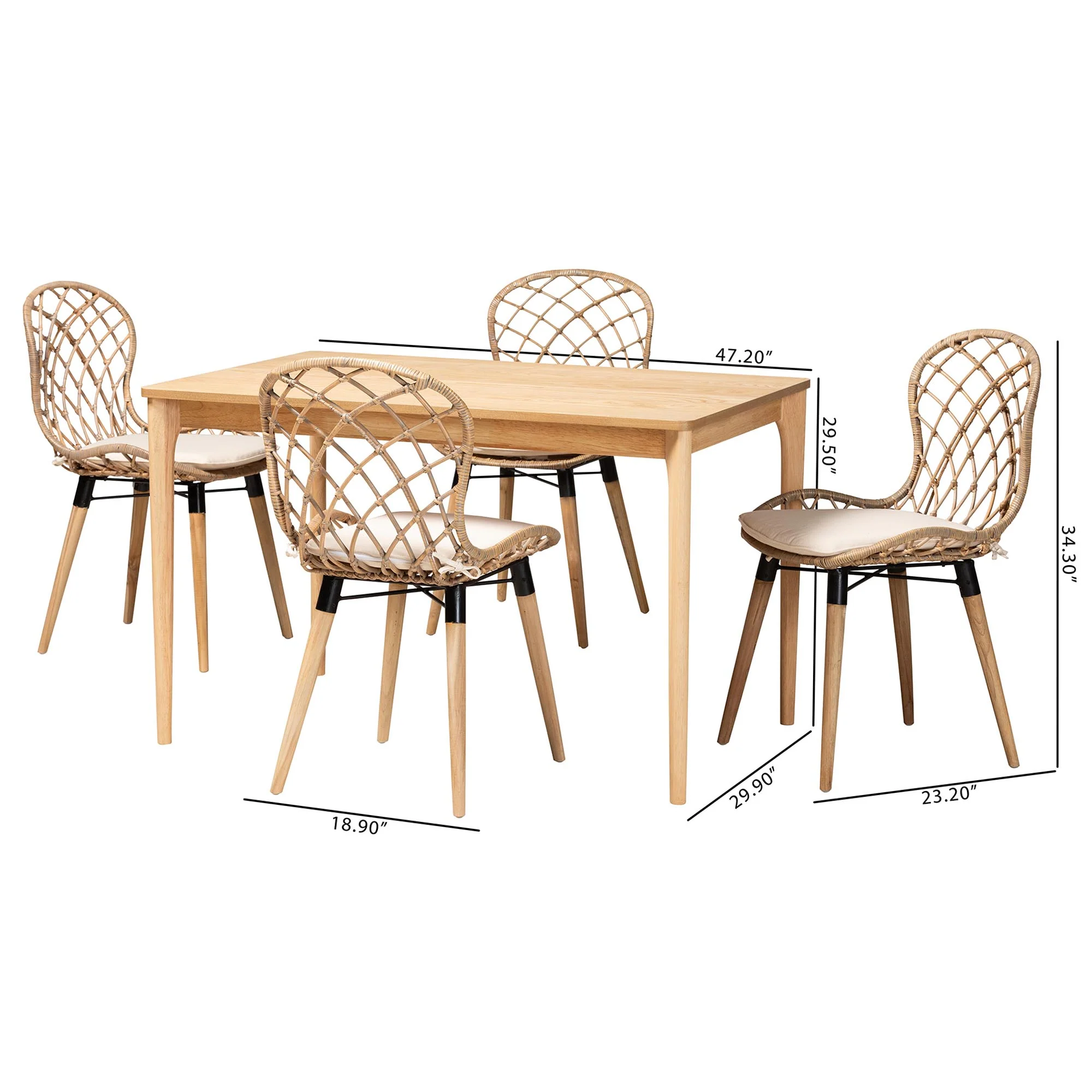 Baxton Studio Sabelle Modern Bohemian Light Blue Rattan and Natural Brown Finished Wood 5-Piece Dining Set - Image 13