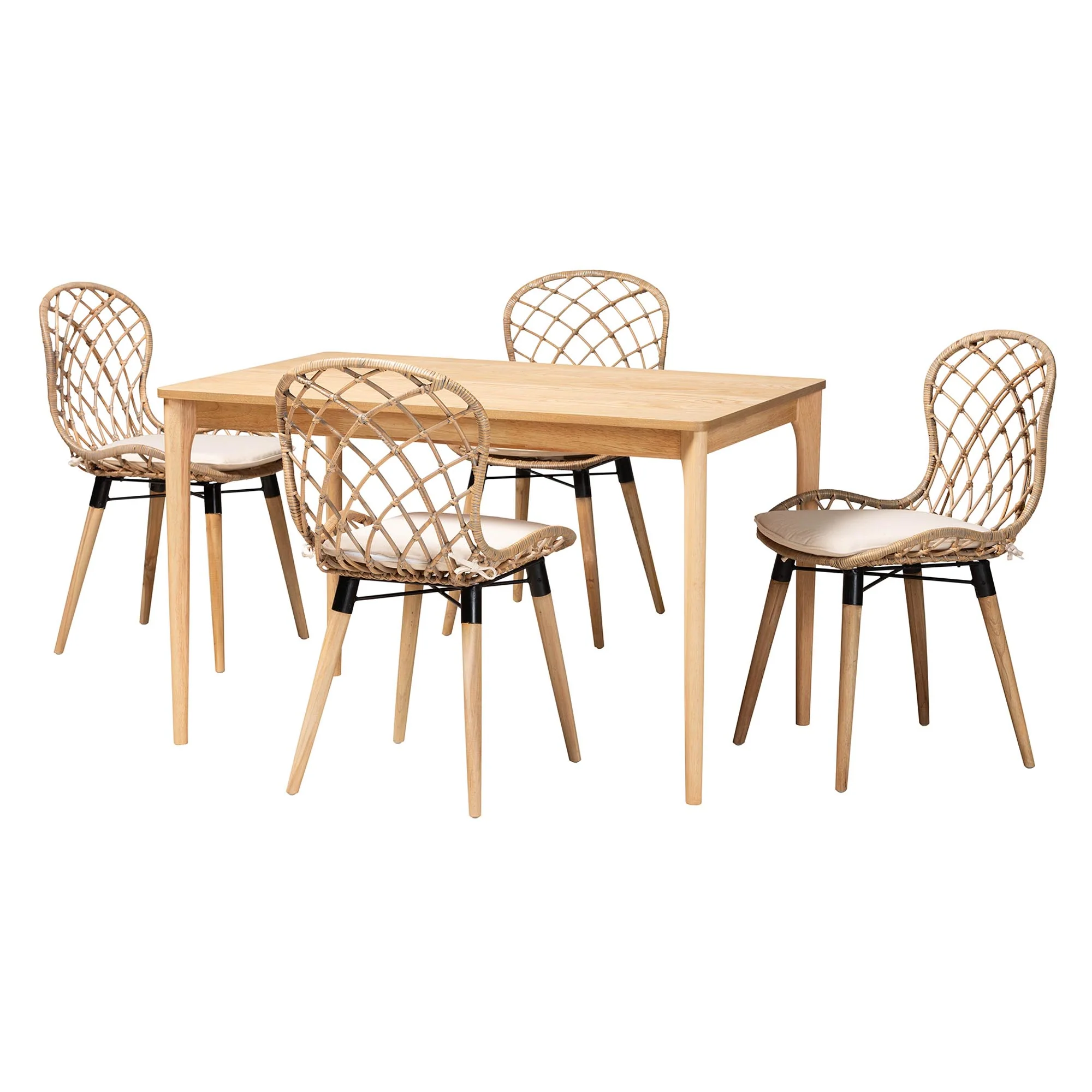 Baxton Studio Sabelle Modern Bohemian Light Blue Rattan and Natural Brown Finished Wood 5-Piece Dining Set - Image 14