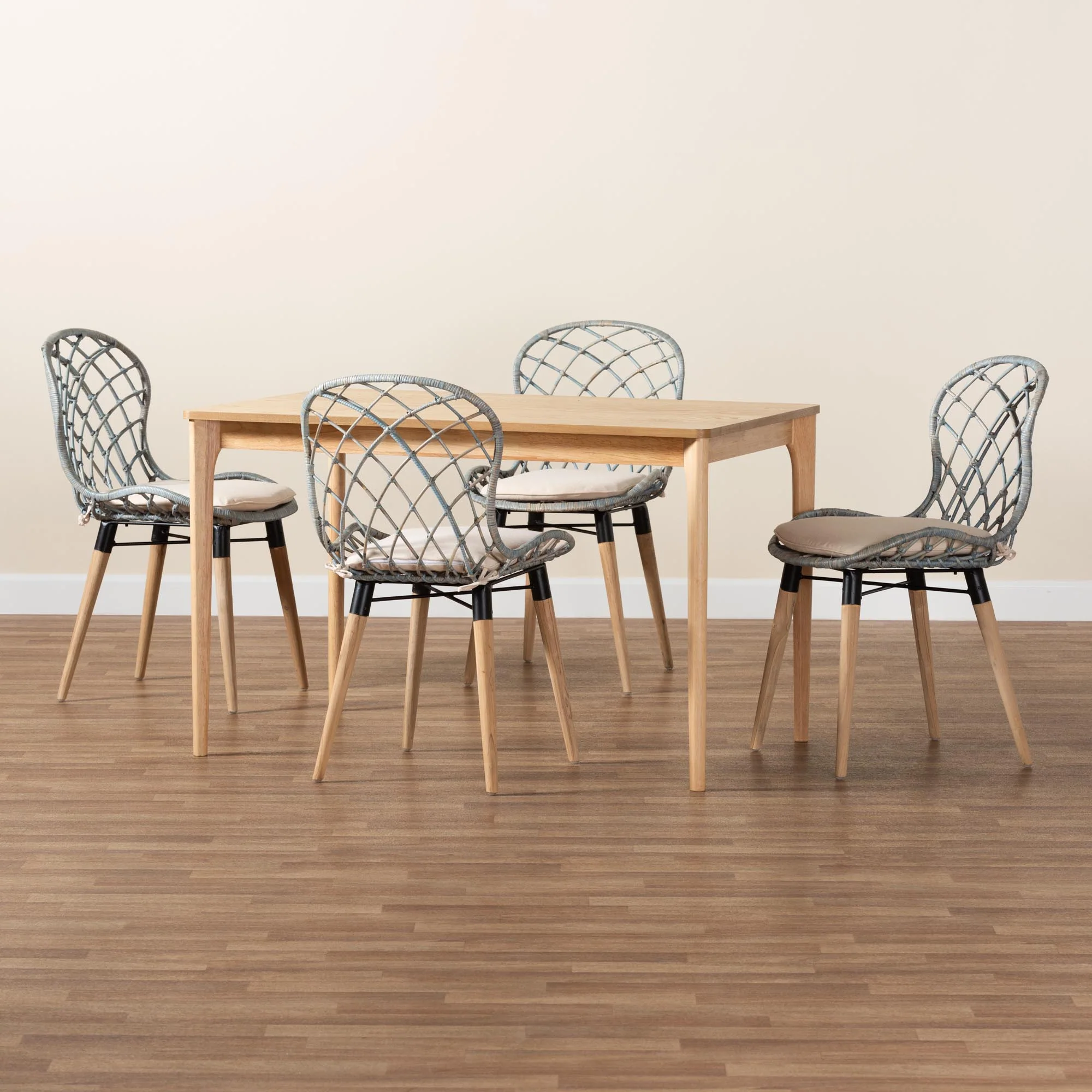 Baxton Studio Sabelle Modern Bohemian Light Blue Rattan and Natural Brown Finished Wood 5-Piece Dining Set - Image 2