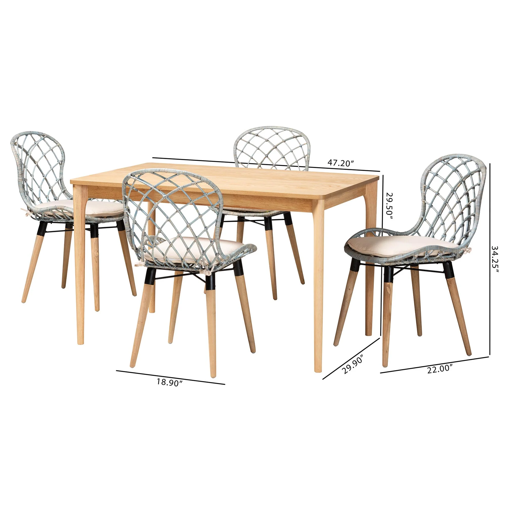 Baxton Studio Sabelle Modern Bohemian Light Blue Rattan and Natural Brown Finished Wood 5-Piece Dining Set - Image 3