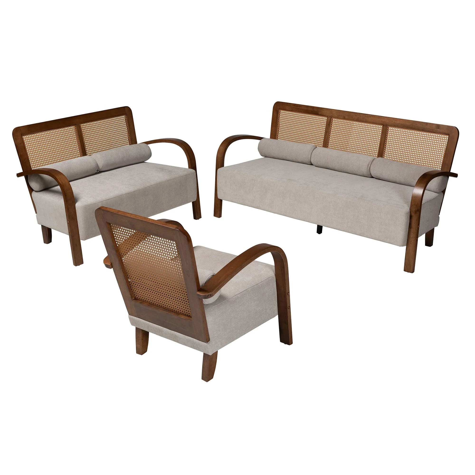 Baxton Studio Sage Modern Japandi Light Grey Fabric and Walnut Brown Finished Wood 3-Piece Living Room Set with Woven Rattan - Image 2