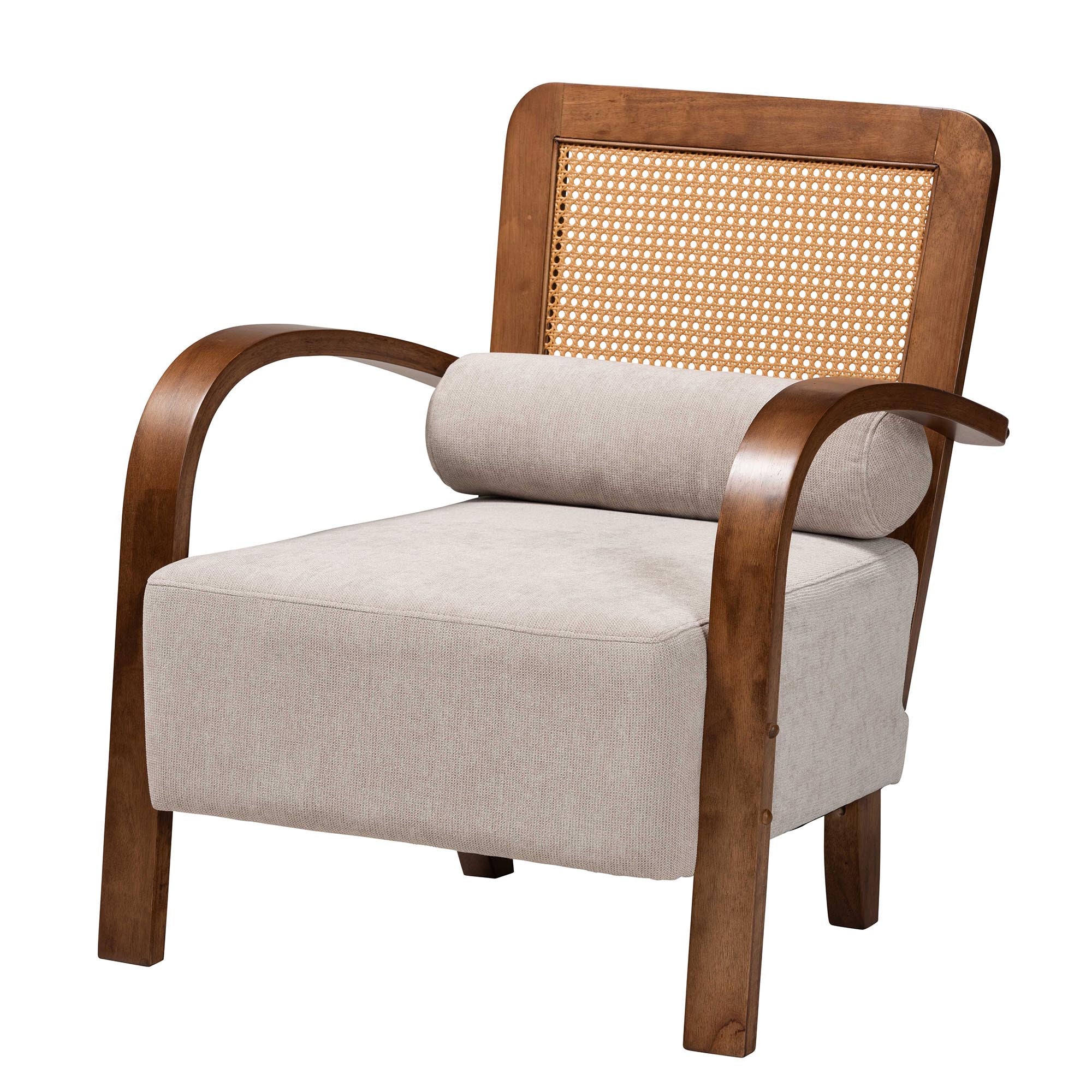 Baxton Studio Sage Modern Japandi Light Grey Fabric and Walnut Brown Finished Wood 3-Piece Living Room Set with Woven Rattan - Image 3