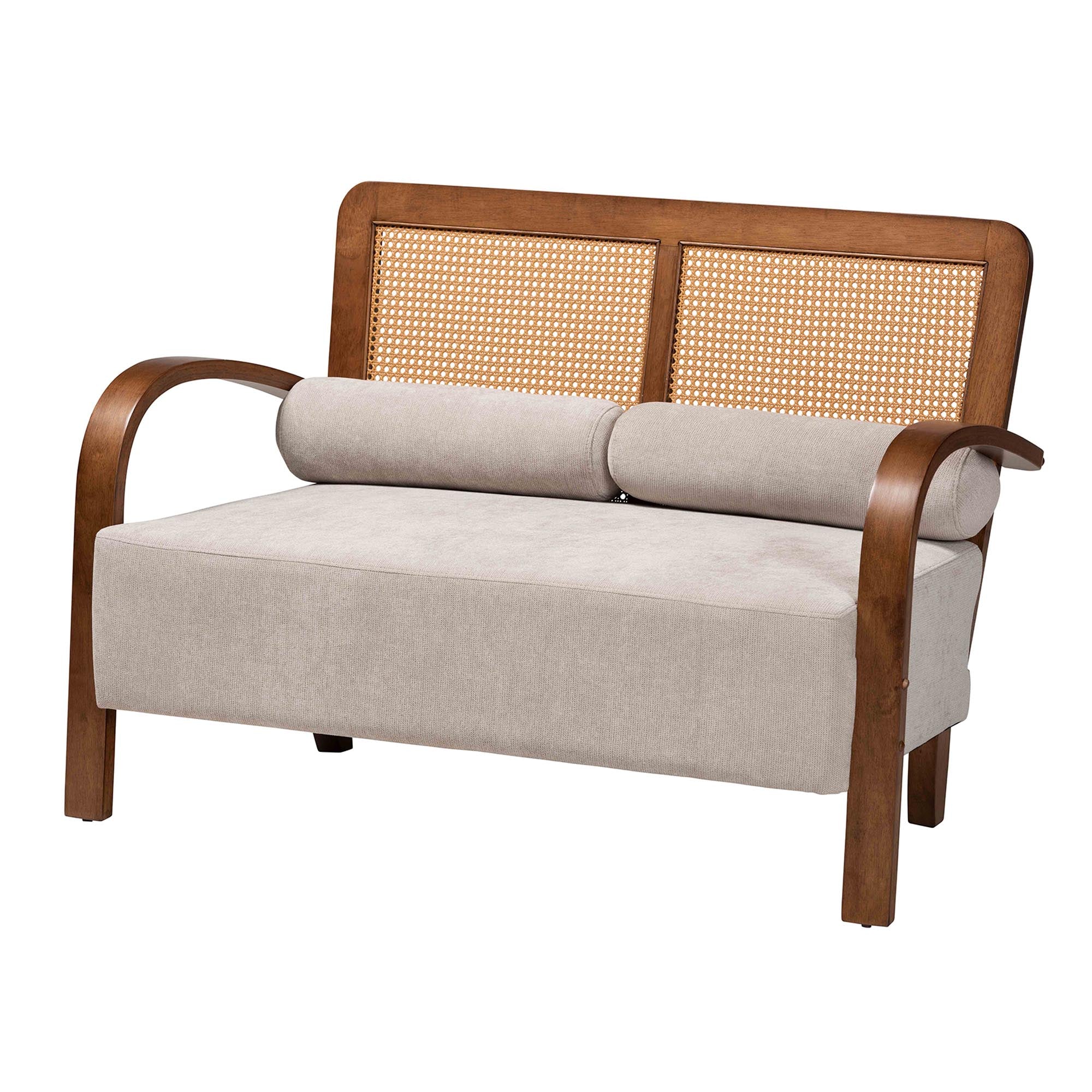 Baxton Studio Sage Modern Japandi Light Grey Fabric and Walnut Brown Finished Wood 3-Piece Living Room Set with Woven Rattan - Image 4