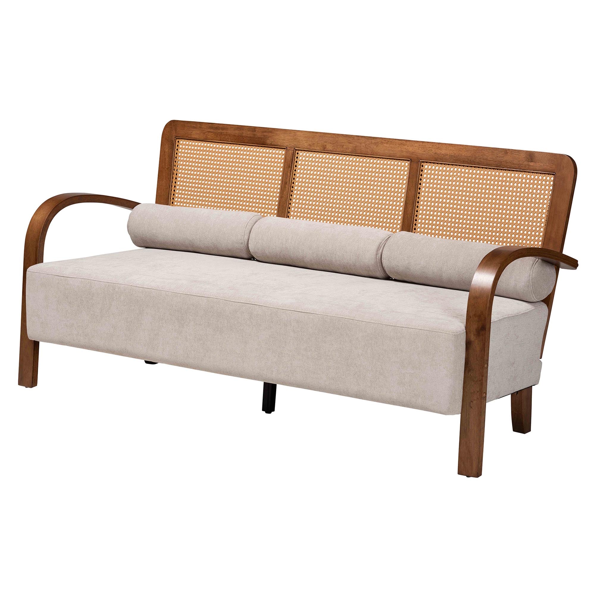 Baxton Studio Sage Modern Japandi Light Grey Fabric and Walnut Brown Finished Wood 3-Piece Living Room Set with Woven Rattan - Image 5
