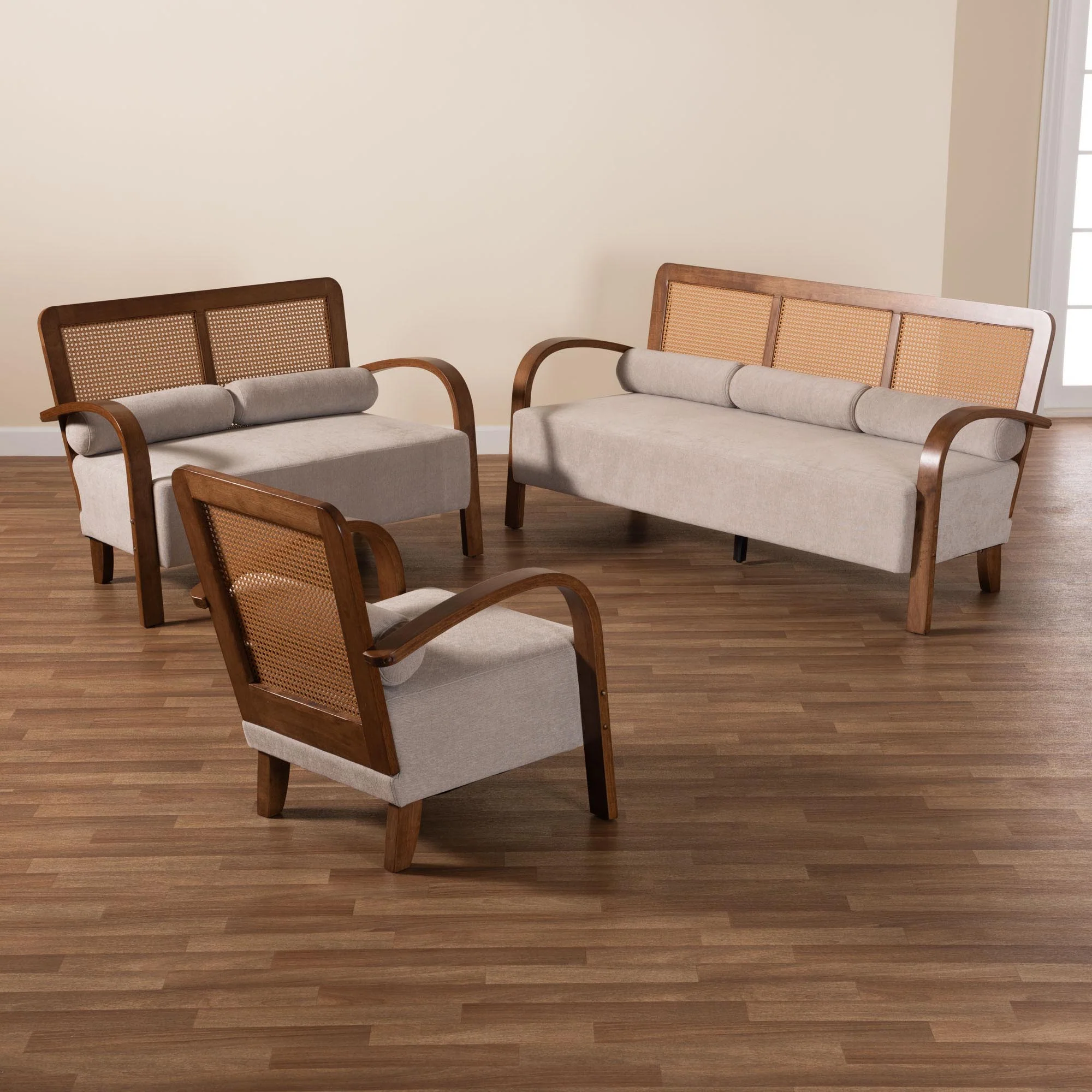 Baxton Studio Sage Modern Japandi Light Grey Fabric and Walnut Brown Finished Wood 3-Piece Living Room Set with Woven Rattan - Image 9