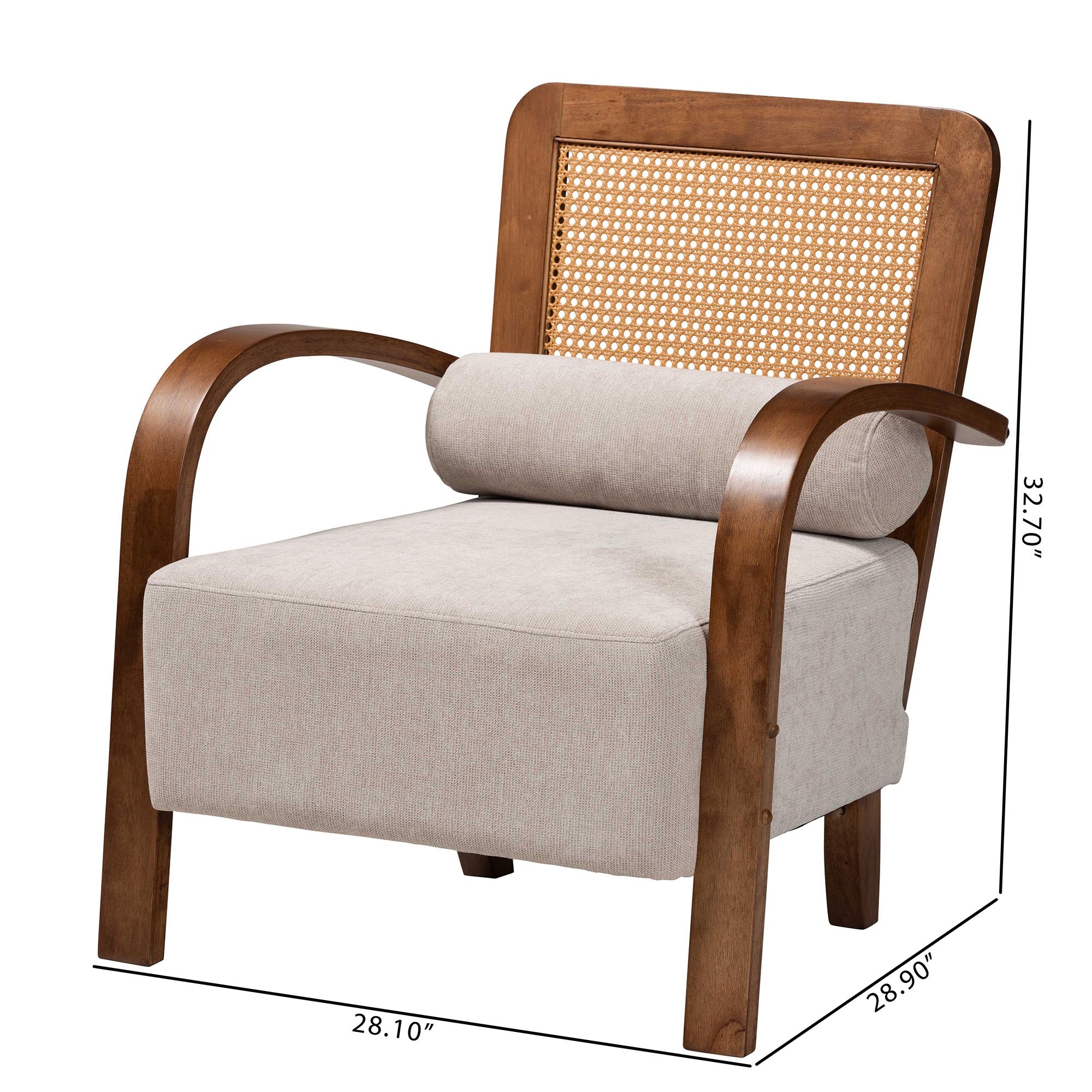 Baxton Studio Sage Modern Japandi Light Grey Fabric and Walnut Brown Finished Wood Arm Chair with Woven Rattan - Image 10