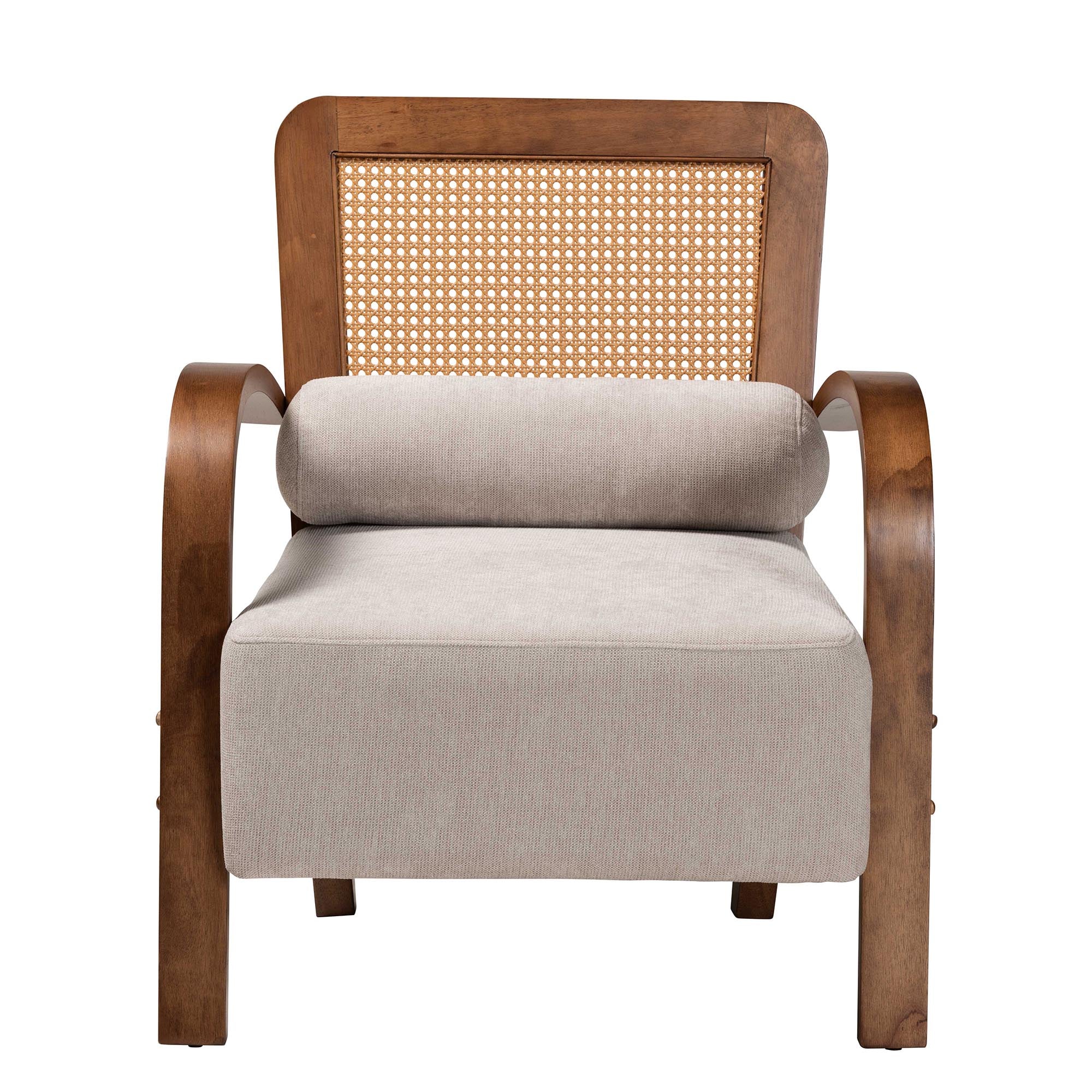 Baxton Studio Sage Modern Japandi Light Grey Fabric and Walnut Brown Finished Wood Arm Chair with Woven Rattan - Image 3