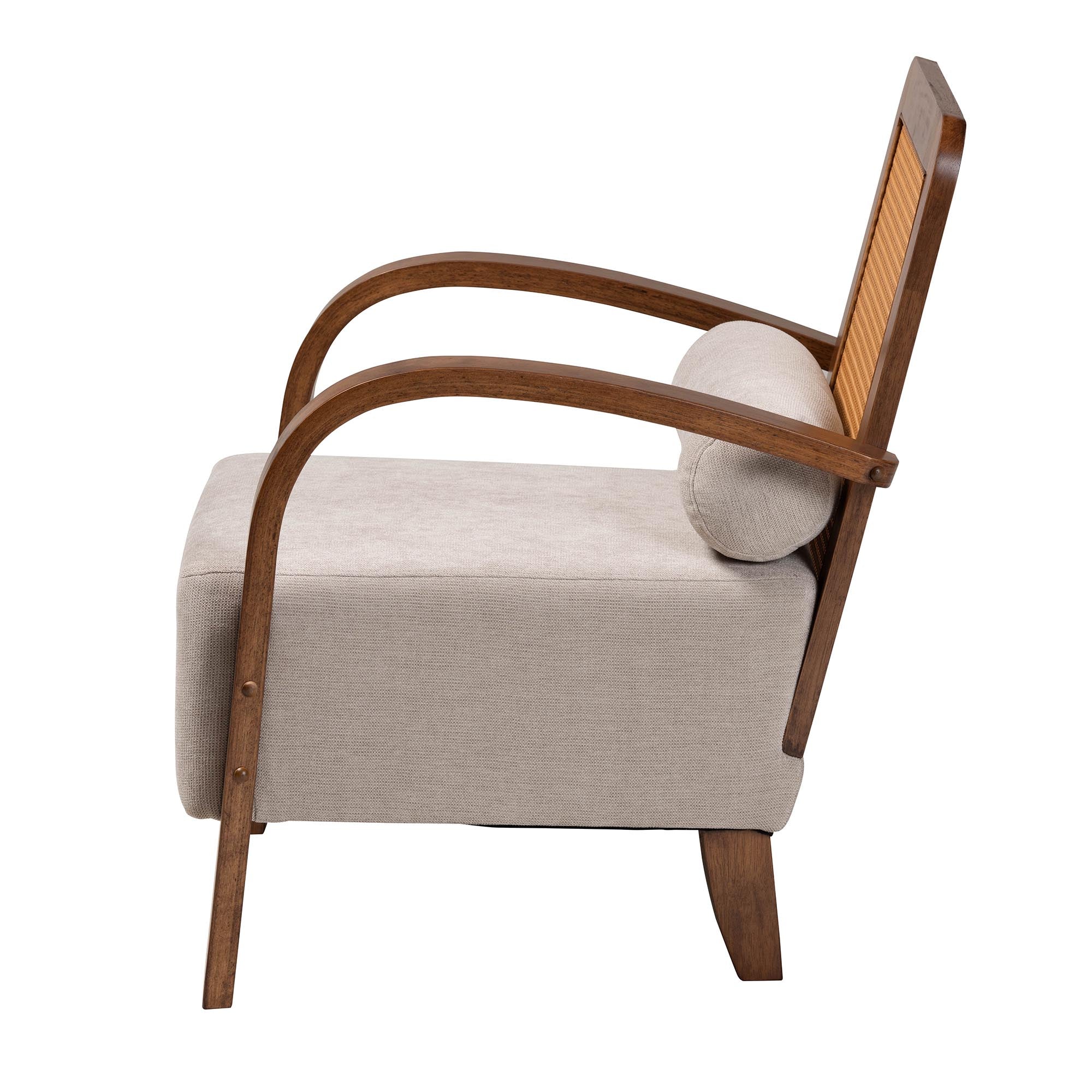 Baxton Studio Sage Modern Japandi Light Grey Fabric and Walnut Brown Finished Wood Arm Chair with Woven Rattan - Image 4