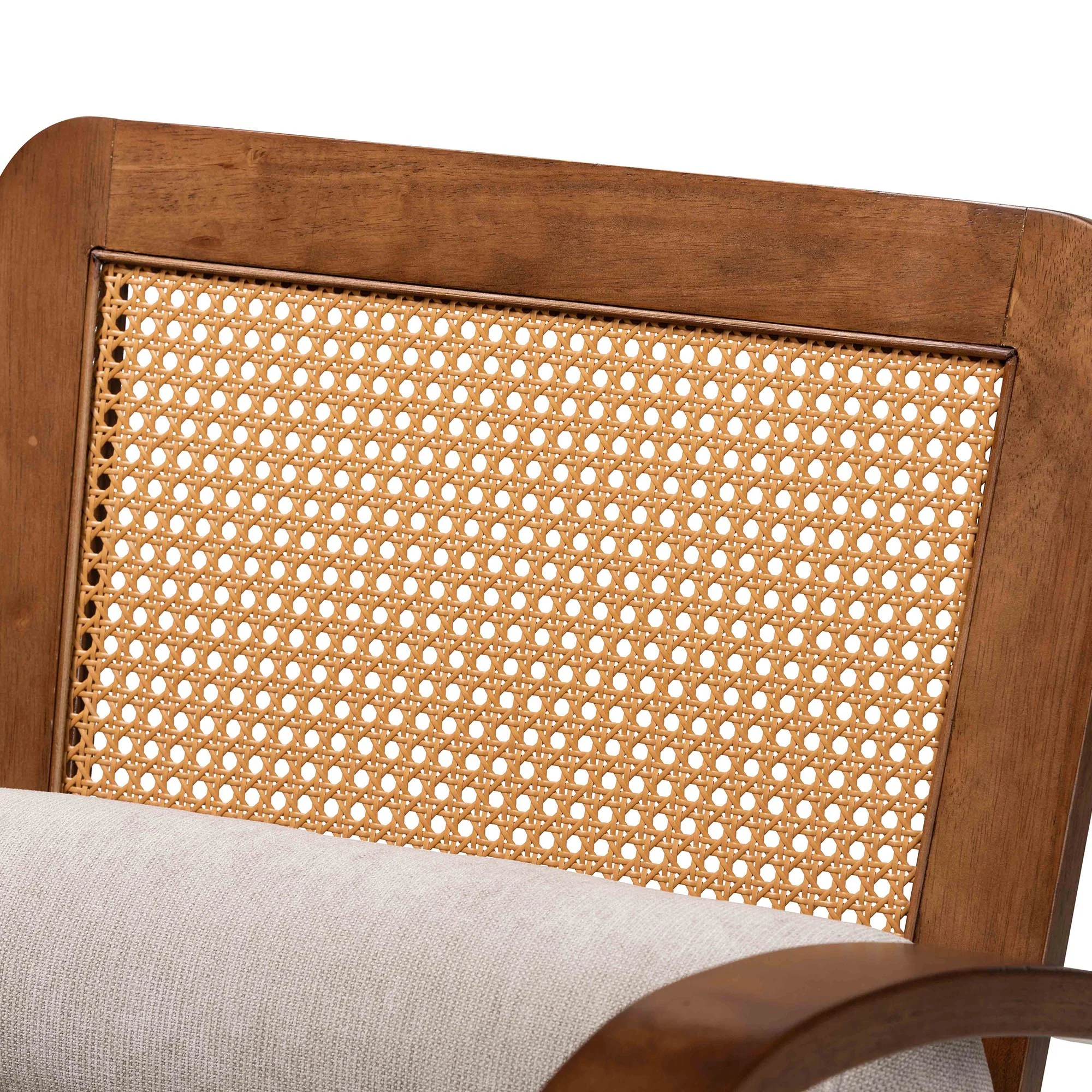 Baxton Studio Sage Modern Japandi Light Grey Fabric and Walnut Brown Finished Wood Arm Chair with Woven Rattan - Image 6